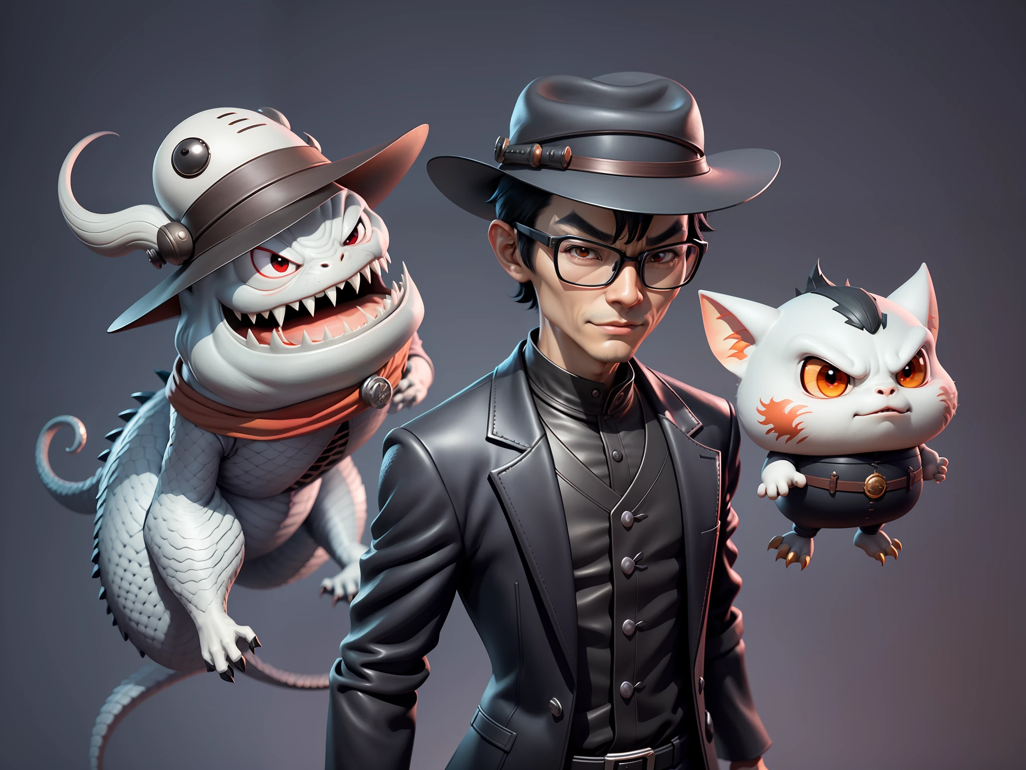 Young man with oriental face in leather hat, dragon, formal suit, short black hair, silver glasses, digital painting, 3D character design by Mark Clairedon and Pixar and Hayao Miyazaki and Akira Toriyama, the illustration is a high-definition illustration in 4K resolution with very detailed facial features and cartoon-style visuals.