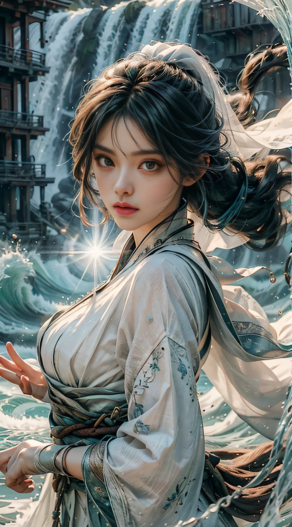 （RAW photos，best qualtiy），（realisticlying：1.3），best qualtiy，highly  detailed，tmasterpiece，hyper-detailing，illustratio，1girll，upper_body，dynamic angle，The world is proficient in theater，messy_long_hair，best qualtiy，extremely detailed CG unity 8k wal，ink，breath-taking，cinematric light，lens_flare，Fantastic Big Eyes，（yushui：1.2），Eau，wave，white  clothes，White veil，Sony main shot