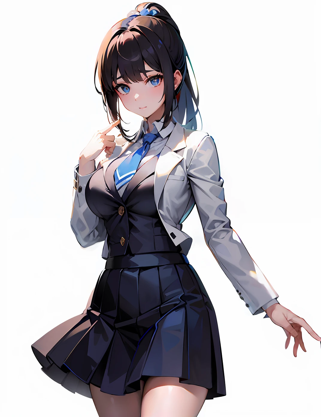 Wearing a long-sleeved white jacket with the front fully open、Wearing a sweater vest under a jacket、Wearing a blue tie、Breasts are big