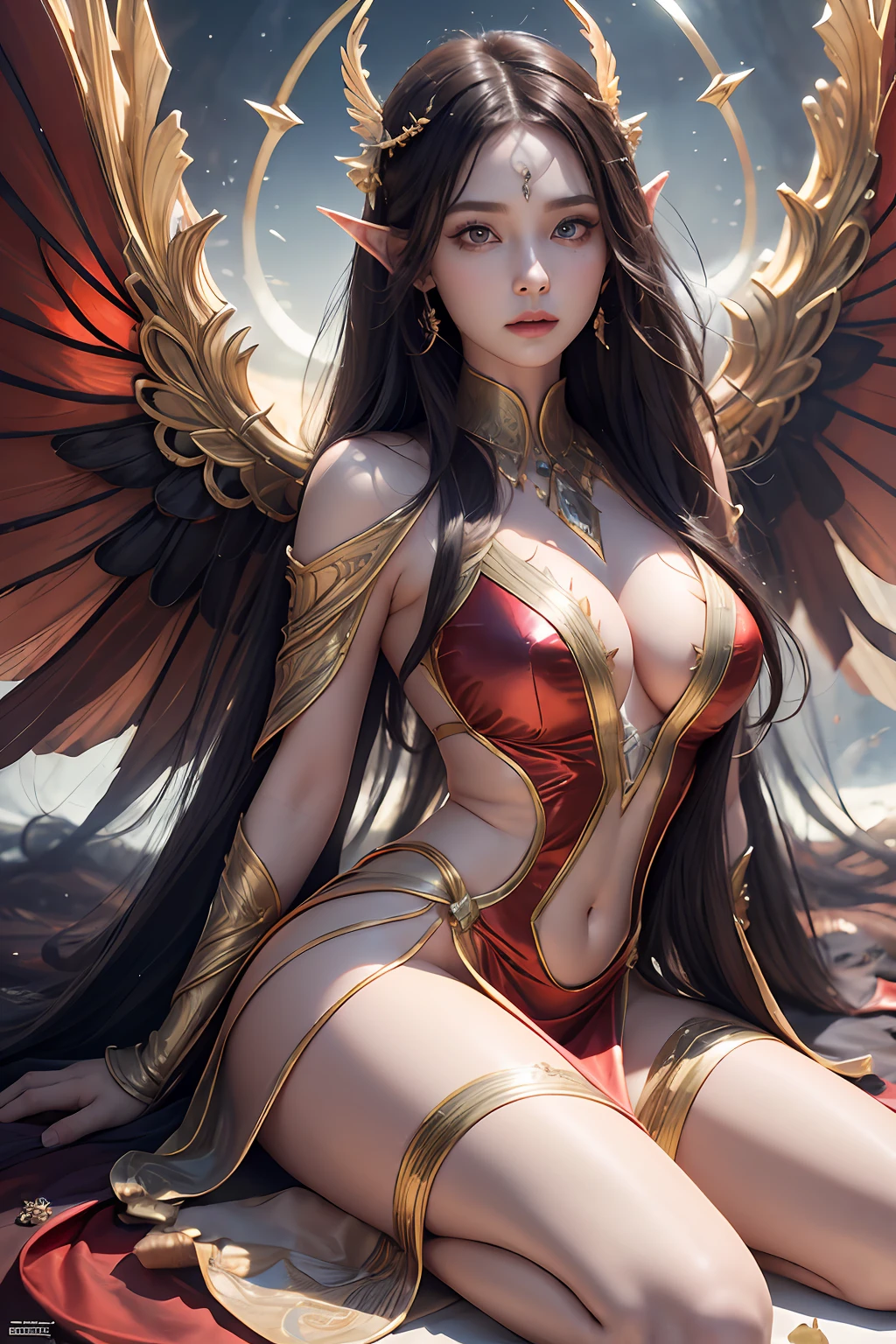 Beautiful Valkyrie,（best qualtiy，hyper HD, Masterpiece, 16k）,Goose egg face,largeeyes,long eyelasher,There are precious stones on the forehead,Exquisite（live-action realistic style）,Star-like eyes,Ultimate face,Photorealistic light and shadow,Clear facial features,Milky white skin,Fair skin, highdetailskin,Realistic skin details,Visible Pore,（Super detail）,Petite body,Carmelto, full bodyesbian,She wears long loose black hair and reaches her waist,（hair flowing）, Smoothness,Huge wings,Crystal wings,（Super detail）,Wear a transparent silk cardigan dress，Beautifully decorated,((dynamicposes),sat on the ground,Legs slightly open),Be red in the face,((Dynamic background((Red lightning)),Fantasy space，Luxurious space,NSFW：1.07