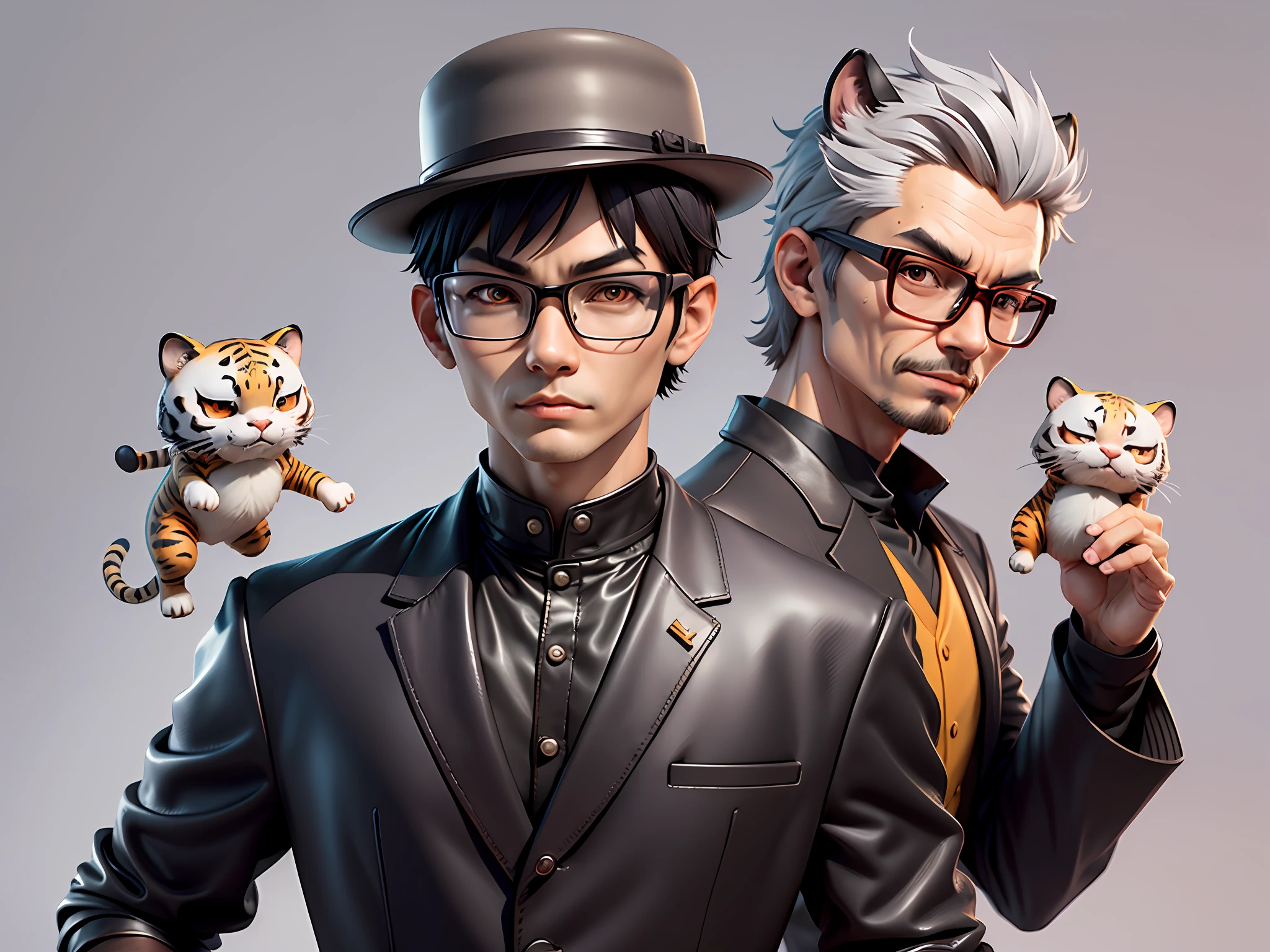 Young man with oriental face in leather hat, tiger, oriental face in formal suit, short black hair, silver glasses, digital painting, 3D character design by Mark Clairedon and Pixar and Hayao Miyazaki and Akira Toriyama, the illustration is a high-definition illustration in 4K resolution with very detailed facial features and cartoon-style visuals.