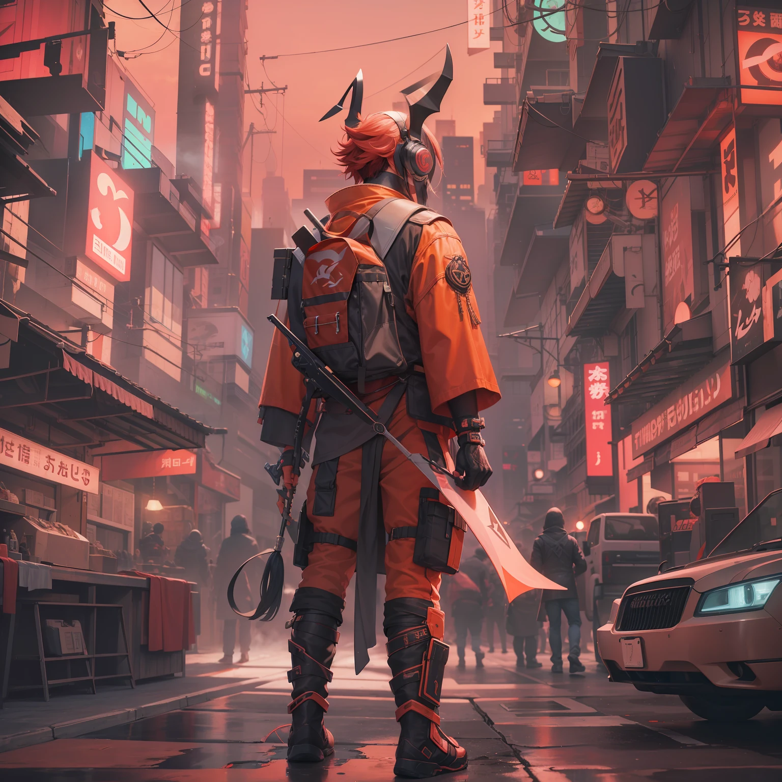 Envision a cyberpunk scene set in the year 2500 on a devastated Earth. Our protagonist, Momotaro, a muscular and youthful Japanese young man, stands tall. He's dressed in a protective combat suit, with a striking red hakama, a nod to his traditional roots. In his hand, he wields a large energy sword, a weapon of future technology designed for demon extermination. Around his neck, a pendant in the shape of a peach, a life-sustaining device, and he holds a large white flag. The color palette is dominated by shades of peach and pink, reflecting the character's name and attire. The lighting should be neon, typical of the cyberpunk genre, casting long shadows and highlighting the textures of his gear and the surrounding environment. The camera used should be a high-end DSLR, with a wide-angle lens to capture the full breadth of the scene. The image should be hyper-realistic, highly detailed, and high-resolution 16k. --ar 16:9 --v 5.1 --style raw --q 2 --s 750