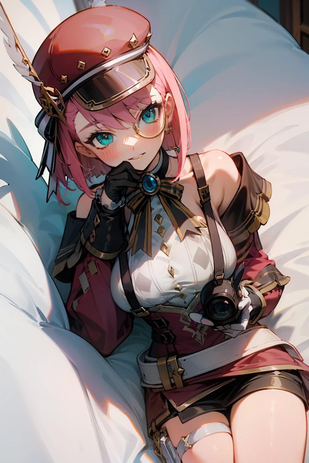 (masterpiece),best quality, expressive eyes, perfect face, 1girl,
big breast, H-cup, good breast, beautiful, gorgeous ,large breast,laying down breast facing ground,1girl,hat, pink hair, gloves, bare shoulders, belt, green eyes,thigh strap, detached sleeves, white shirt, monocle, short hair, jewelry,ribbon, hat feather,