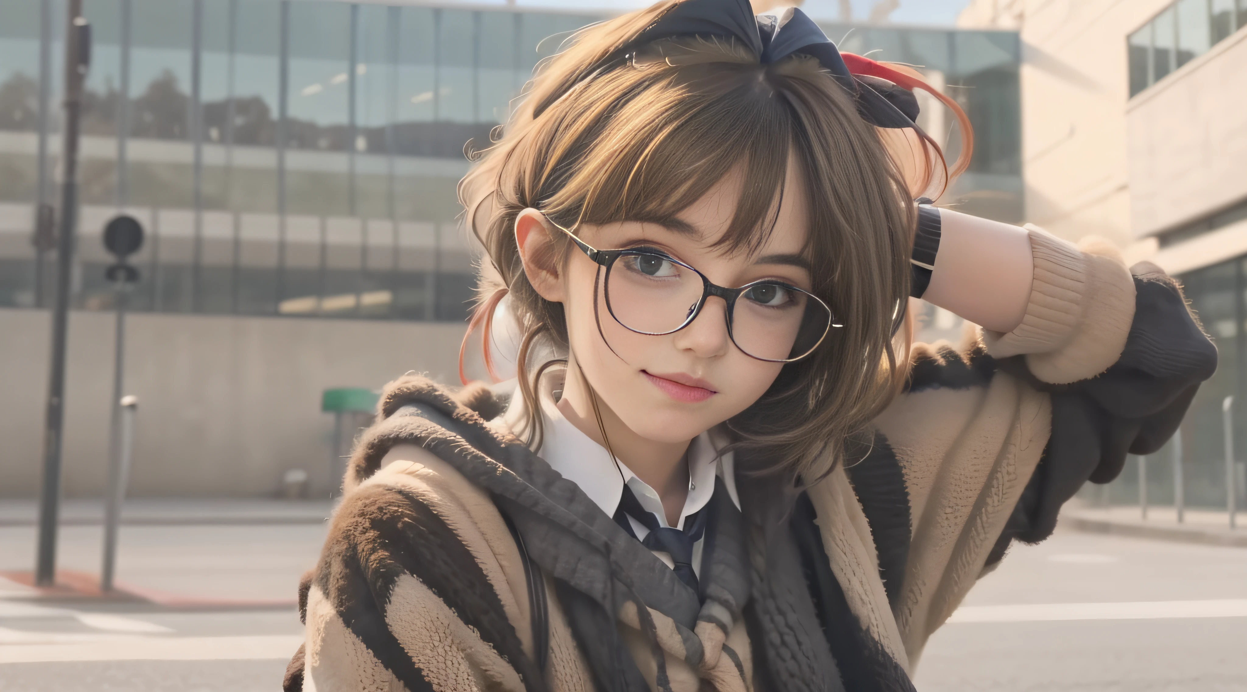 A schoolgirl with shaggy hair and glasses