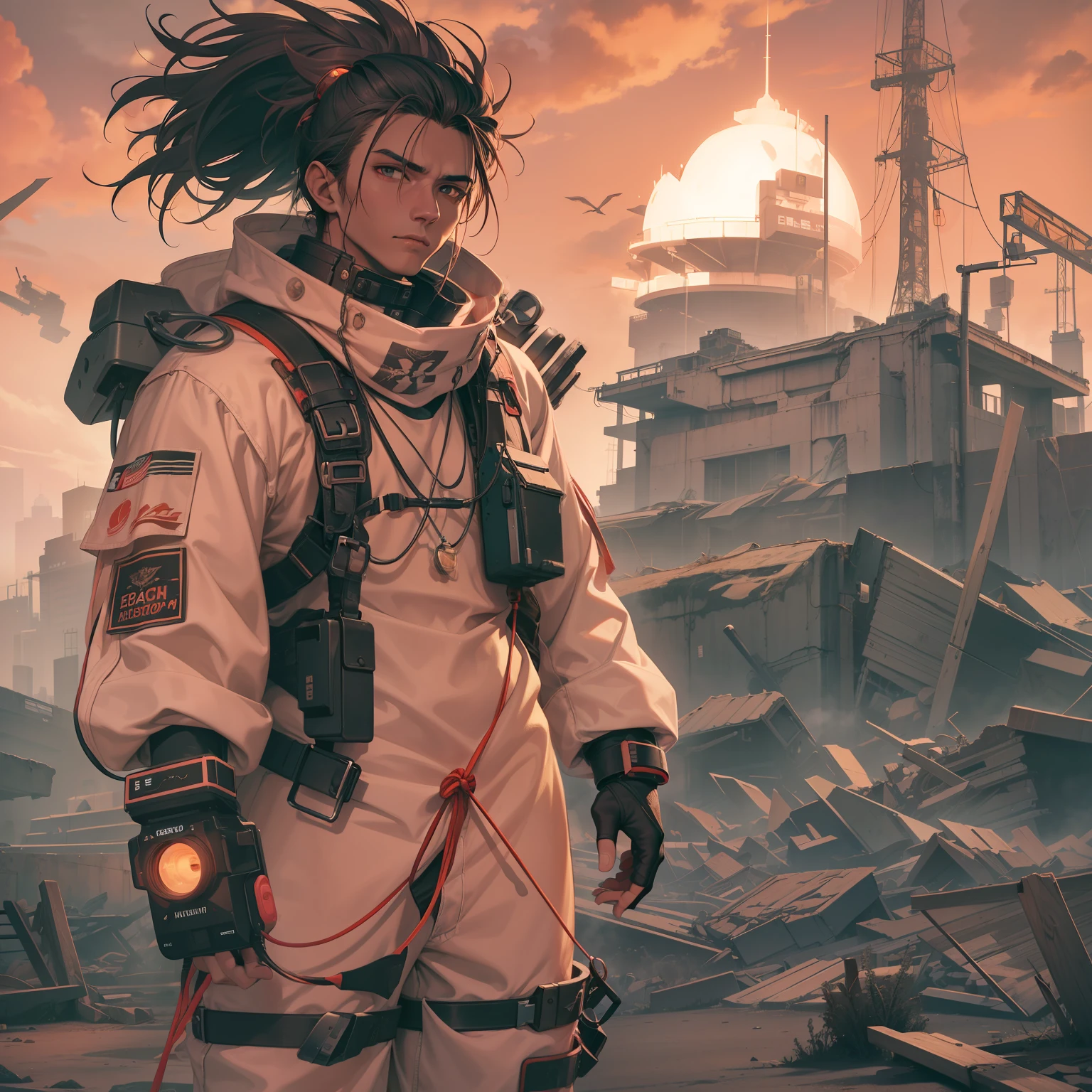 Imagine a post-apocalyptic landscape in the year 2500, infused with cyberpunk aesthetics. Amidst the ruins, stands Momotaro, a character of robust and healthy physique, his youthful face a stark contrast to the desolation around him. He's garbed in a futuristic protective suit, complete with a red hakama, and wields a large energy sword, a beacon of hope against the darkness. A peach-shaped pendant, a life-preserving device, hangs around his neck, and he holds a large white flag. The image is dominated by tones of peach and pink, symbolizing the character's identity and his resolve. The lighting is moody, creating a sense of tension and anticipation, with neon lights casting an otherworldly glow. The camera used should be a high-resolution DSLR, equipped with a telephoto lens to focus on the character and his equipment. The image should be rendered in hyper-realistic, highly detailed, and high-resolution 16k. --ar 16:9 --v 5.1 --style raw --q 2 --s 750