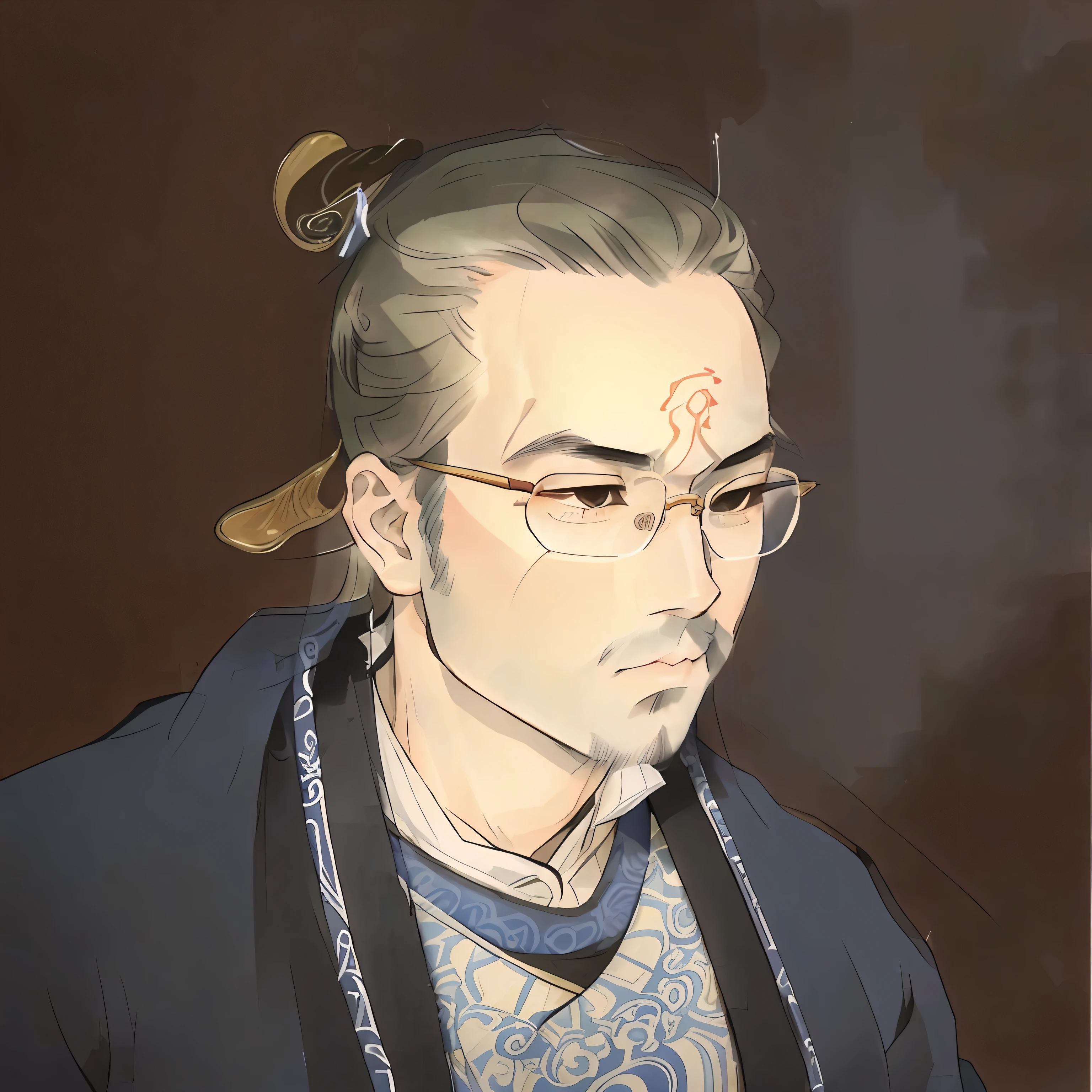 Draw a man with glasses in a blue tie, Inspired by Guo Xi, yanjun cheng, inspired by Xie Huan, Inspired by Xiao Yuncong, inspired by Dong Yuan, inspired by Yanjun Cheng, inspired by Xuande Emperor, Inspired by Seki Dosheng, inspired by Wang Jian, inspired by Chen Hongshou, inspired by Russell Dongjun Lu