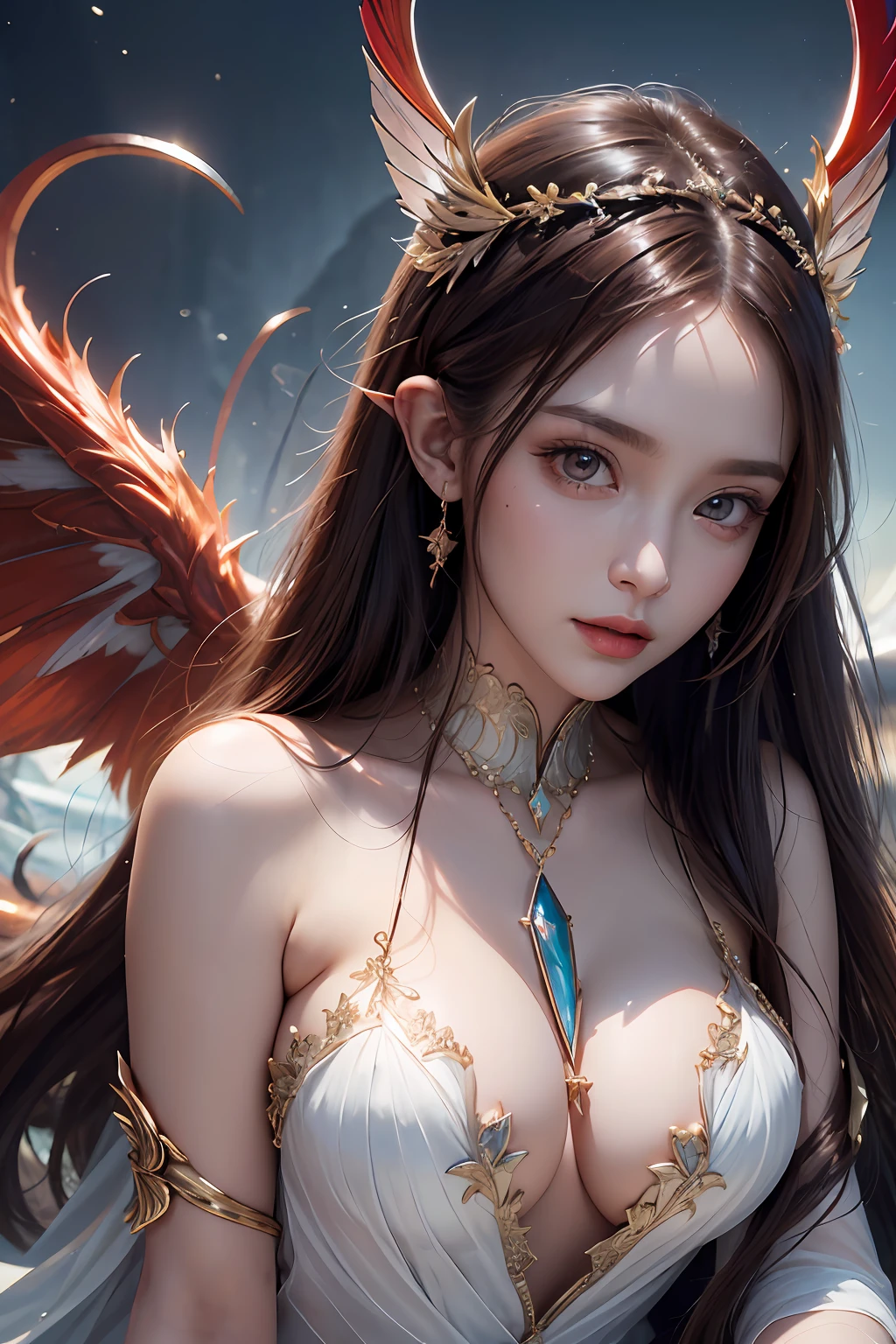 Beautiful Valkyrie,(best qualtiy,hyper HD, Masterpiece, 16k),Goose egg face,largeeyes,long eyelasher,There are precious stones on the forehead,Exquisite(live-action realistic style),Star-like eyes,Ultimate face,Photorealistic light and shadow,Clear facial features,Milky white skin,Fair skin, highdetailskin,Realistic skin details,Visible Pore,(Super detail),Petite body,Carmelto, full bodyesbian,She wears long loose black hair and reaches her waist,(hair flowing), Smoothness,Huge wings,Crystal wings,(Super detail),Wear a transparent silk cardigan dress,Beautifully decorated,((dynamicposes),sat on the ground,Legs slightly open),Be red in the face,((Dynamic background((Red lightning)),Fantasy space,Luxurious space,NSFW:1.07