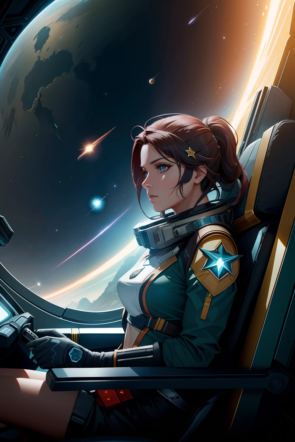 extreme long shot, a vibrant cinematic photo of a female adventure in the jungle, octane rendar, high quality star sailor woman hyperdetailed space transport, dark forbidding planet system 24k photorealistic