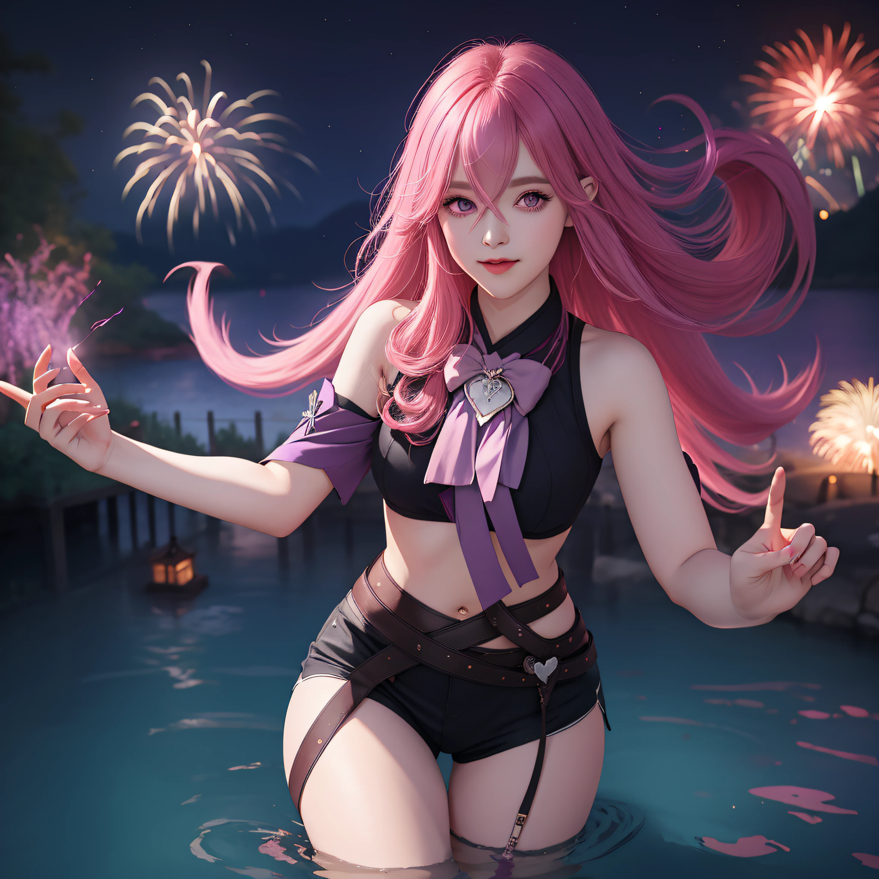 Keera, 1girl, pink hair, hair spread out, hair between eyes, very long hair, bowtie, parted lips, pointy ear, purple eyes, sleeves past wrists, black sleeves, black shorts, belt, detached sleeves, ahoge, heart necklace, navel, smile, looking at viewer, lily \(flower\),(fireworks),(aerial fireworks),firework background,(night),shrine,lake, light reflection \(water\), standing, from below,fiction art, RAW photo, hanfu picture, best photo, best photo quality, 8k quality, 8k ultra, super realistic, real photo most economical, the goddess poses sexy and seductive,