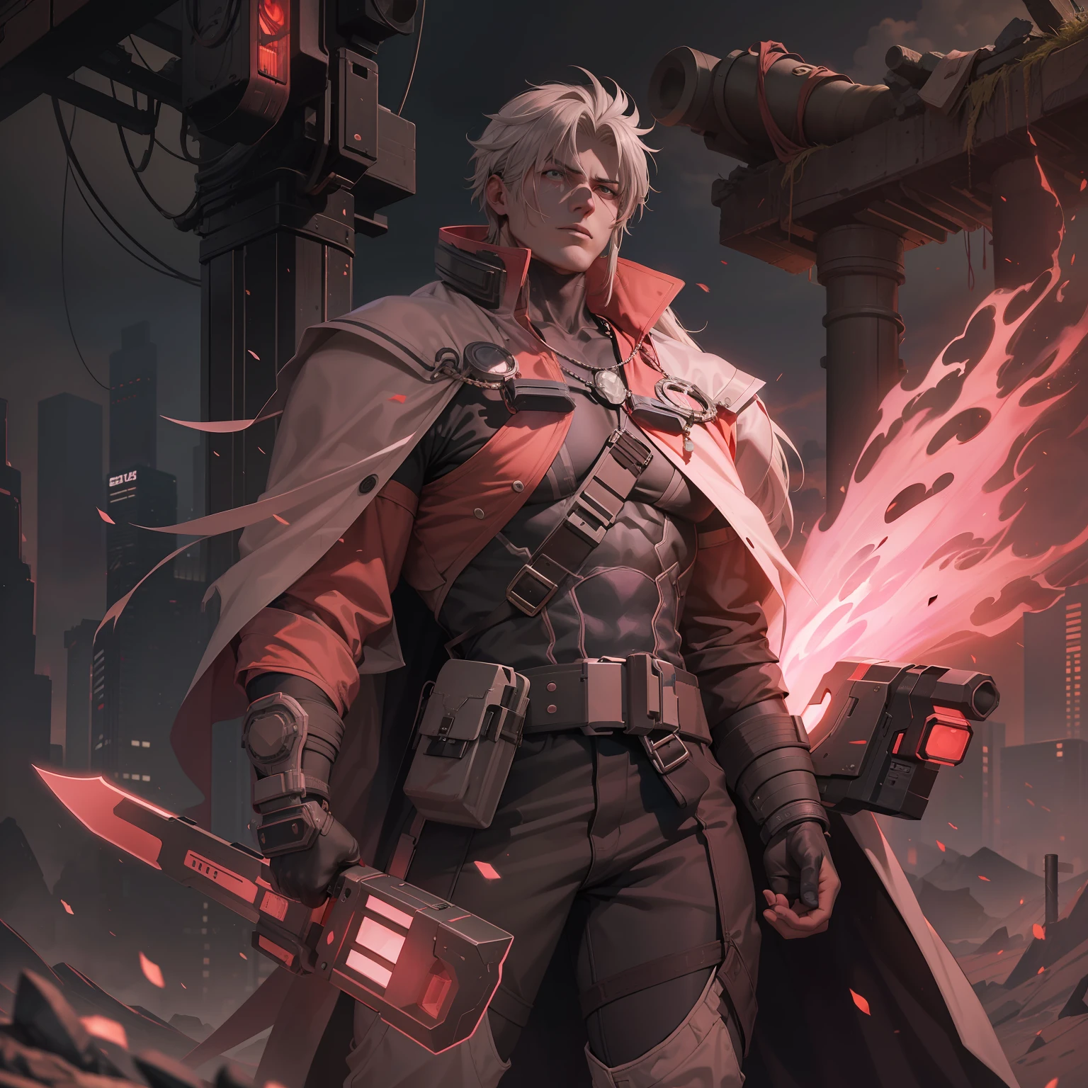 Imagine a post-apocalyptic landscape in the year 2500, infused with cyberpunk aesthetics. Amidst the ruins, stands Momotaro, a character of robust and healthy physique, his youthful face a stark contrast to the desolation around him. He's garbed in a futuristic protective suit, complete with a red hakama, and wields a large energy sword, a beacon of hope against the darkness. A peach-shaped pendant, a life-preserving device, hangs around his neck, and he holds a large white flag. The image is dominated by tones of peach and pink, symbolizing the character's identity and his resolve. The lighting is moody, creating a sense of tension and anticipation, with neon lights casting an otherworldly glow. The camera used should be a high-resolution DSLR, equipped with a telephoto lens to focus on the character and his equipment. The image should be rendered in hyper-realistic, highly detailed, and high-resolution 16k. --ar 16:9 --v 5.1 --style raw --q 2 --s 750
