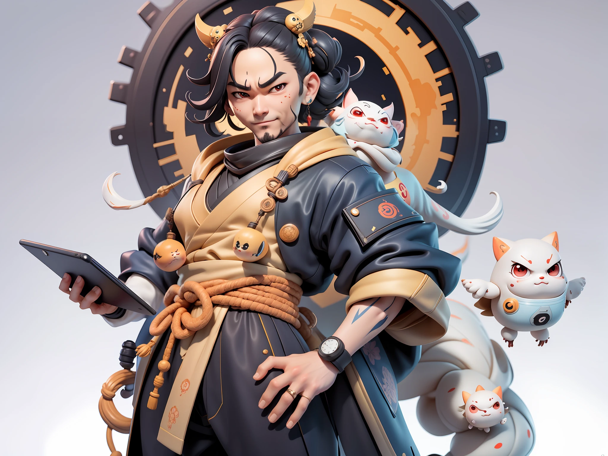 (Daisaku),(Need),(Super meticulous),(full bodyesbian:1.2),Japanese ukiyo-e girl,japanese geisha,Beautiful,Oriental dragon,Aeolian Thor,Raised sexy,爆乳,Oriental face,TV Anchor,Bust portrait illustration,Alone,In black suit,a blue tie,The face is slightly chubby,The face was clean,without a beard,Black super short hair,Black eyes,Smile confidently,3C computer sub-products,iPad, iphone,Digital painting,3D character design by Mark Clairen and Pixar and Hayao Miyazaki and Akira Toriyama,The illustration is a high-definition illustration in 4K resolution,With very detailed facial features and cartoon-style visuals。