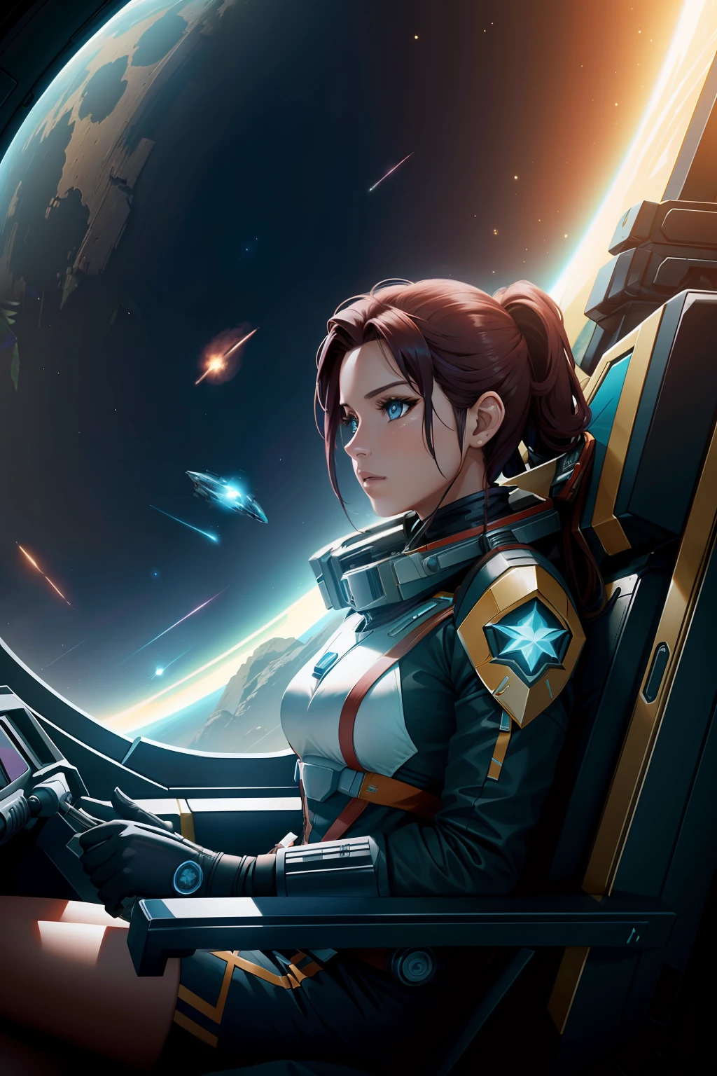 extreme long shot, a vibrant cinematic photo of a female adventure in the jungle, octane rendar, high quality star sailor woman hyperdetailed space transport, dark forbidding planet system 24k photorealistic