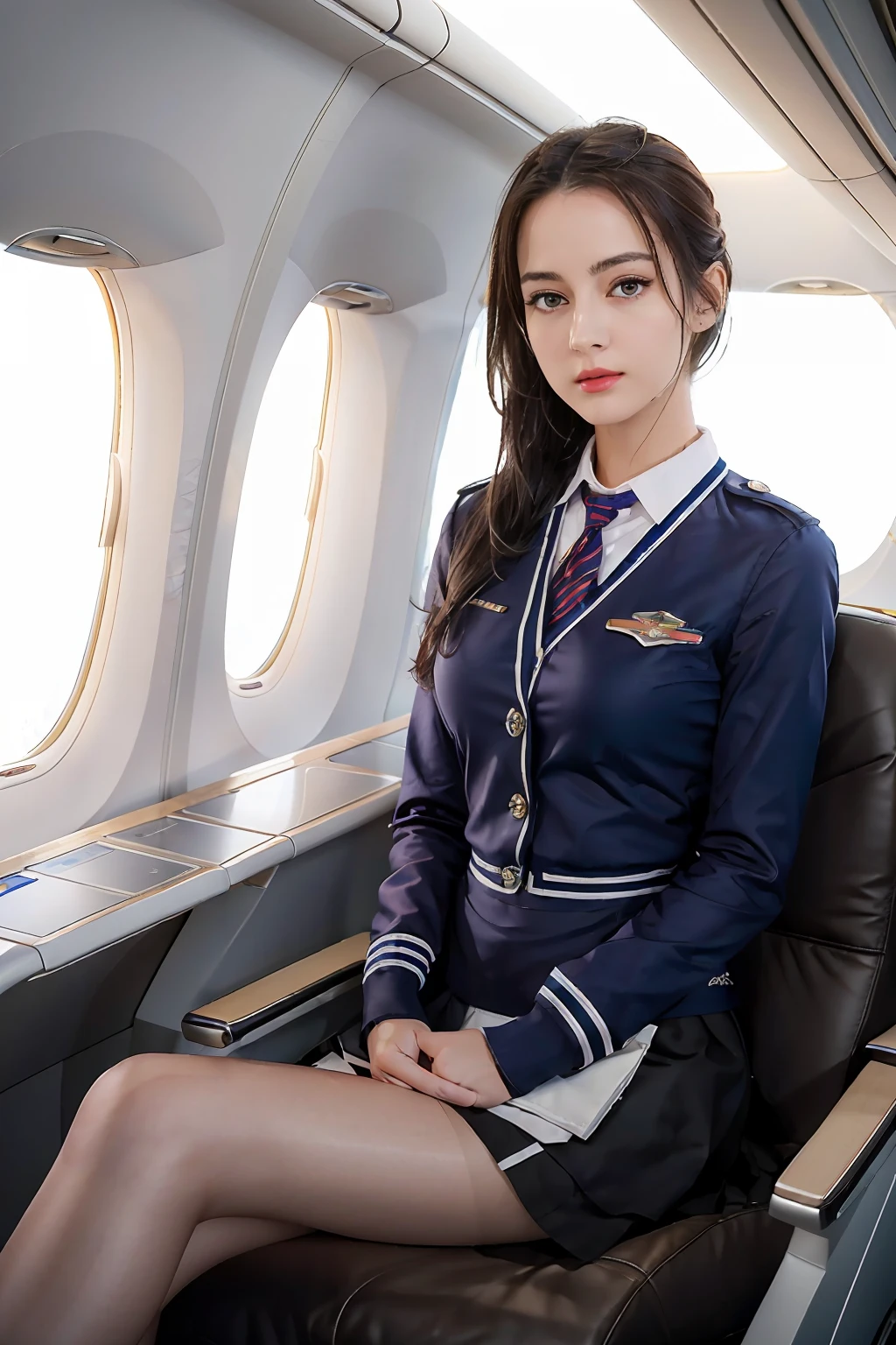 (8k, RAW photo, best quality, masterpiece:1.2), (realistic, photo-realistic:1.2), (ultra highres), (ultra detailed), absurdres,
1girl, beautiful face, symmetric eyes, TWbabe5, perfect body proportions,medium breasts,
(stewardess uniform, miniskirt:1.2), skintight, pantyhose, badges, slim legs, 20d, sitting, detailed skin, looking at viewer, (airplane interior:1.2), front view,