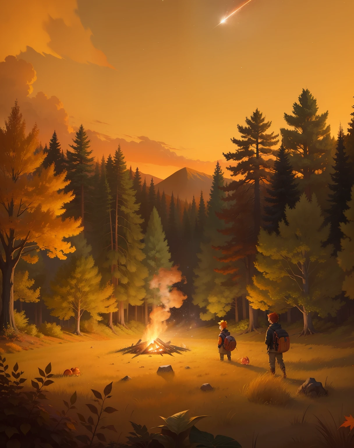 autumn, autumn_leaves, campfire, charmander, explosion, field, fire, forest, leaf, multiple_boys, nature, night, night_sky, orange_theme, scenery, shooting_star, sky, star_\(sky\), starry_sky, tree