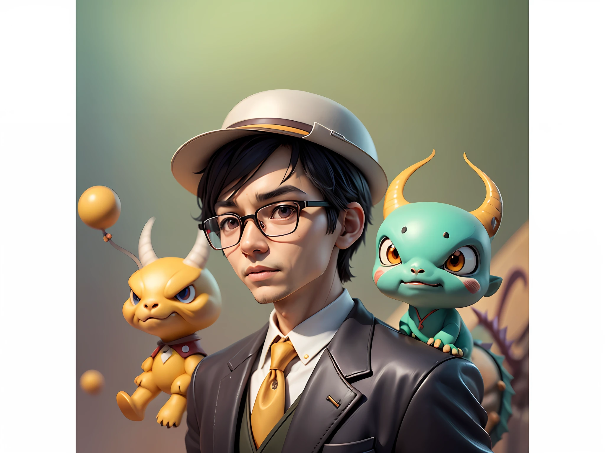 Young man with oriental face in leather hat, dragon, formal suit, short black hair, silver glasses, digital painting, 3D character design by Mark Clairedon and Pixar and Hayao Miyazaki and Akira Toriyama, the illustration is a high-definition illustration in 4K resolution with very detailed facial features and cartoon-style visuals.