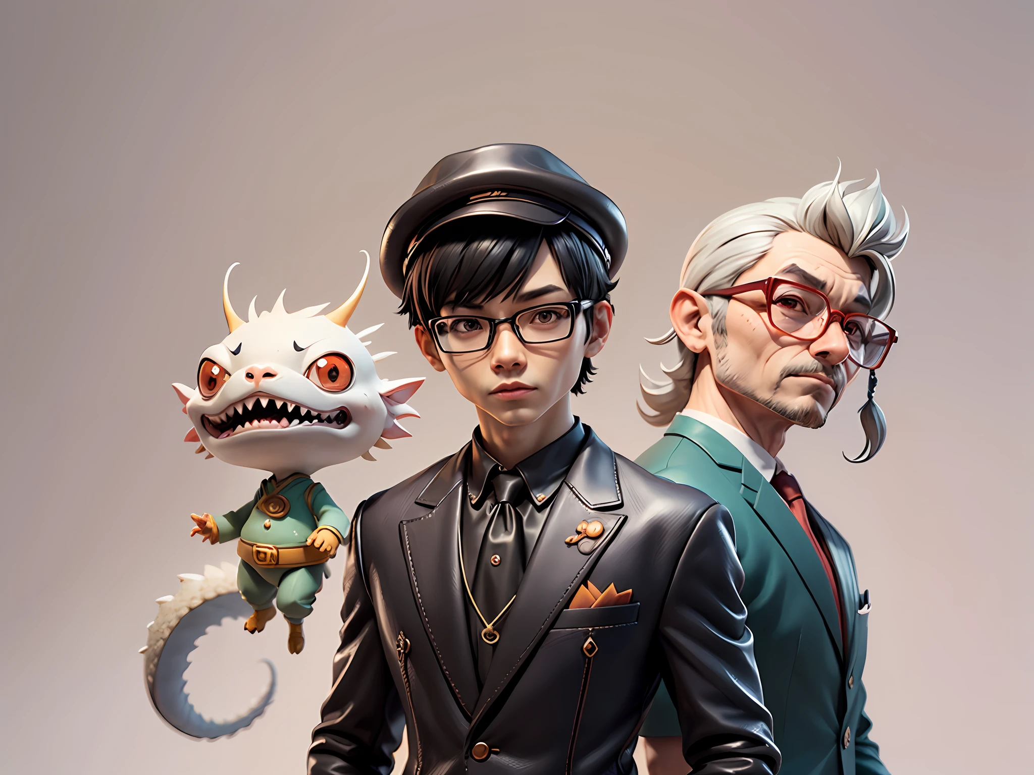Young man with oriental face in leather hat, dragon, formal suit, short black hair, silver glasses, digital painting, 3D character design by Mark Clairedon and Pixar and Hayao Miyazaki and Akira Toriyama, the illustration is a high-definition illustration in 4K resolution with very detailed facial features and cartoon-style visuals.