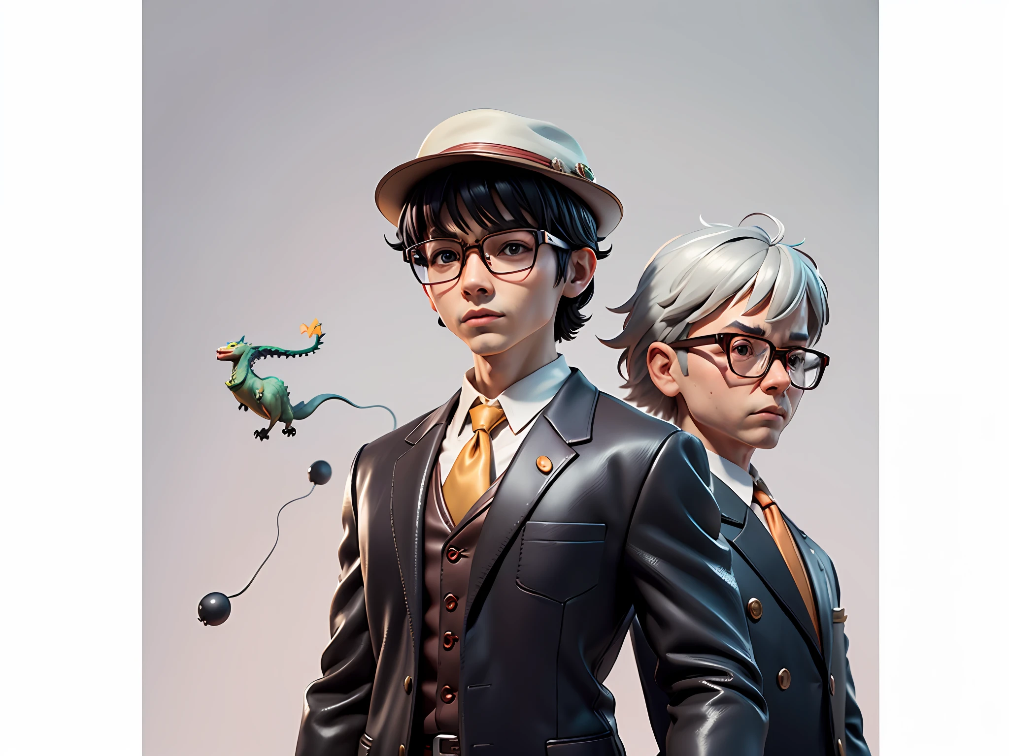 Young man with oriental face in leather hat, dragon, formal suit, short black hair, silver glasses, digital painting, 3D character design by Mark Clairedon and Pixar and Hayao Miyazaki and Akira Toriyama, the illustration is a high-definition illustration in 4K resolution with very detailed facial features and cartoon-style visuals.