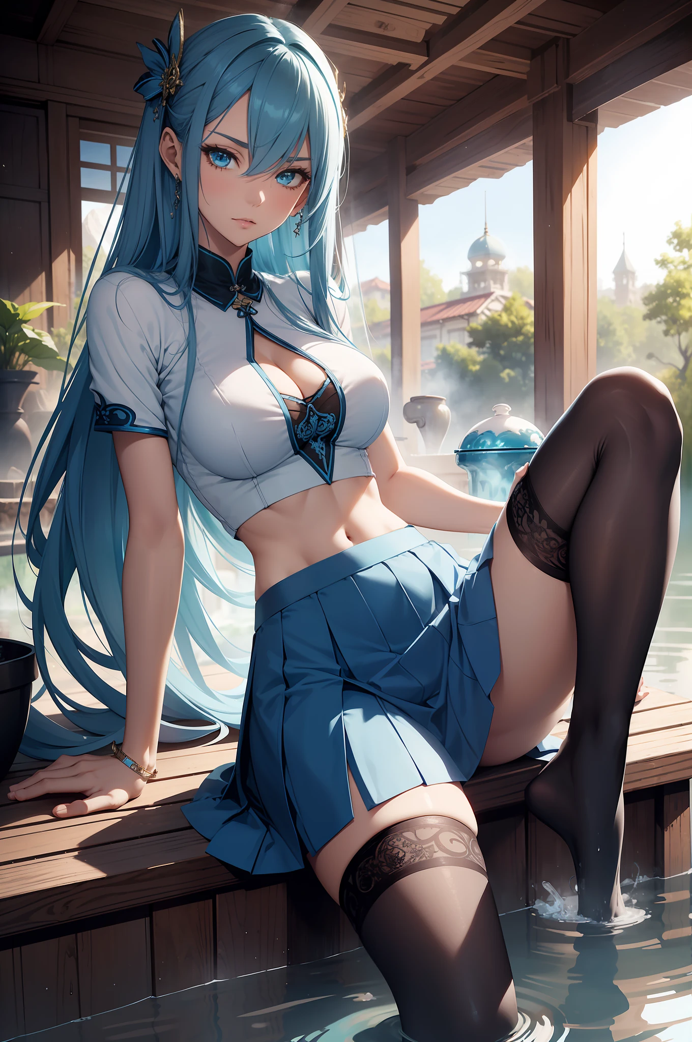 Best quality, masterpiece, realistic, Beautiful sexy cool tall, slim, fit woman, wearing light blue skirt with stockings, fantasy shirt, exposed midriff, athletic body, intricate and highly detailed, long blue hair, sexy expression, sitting in a hot spring