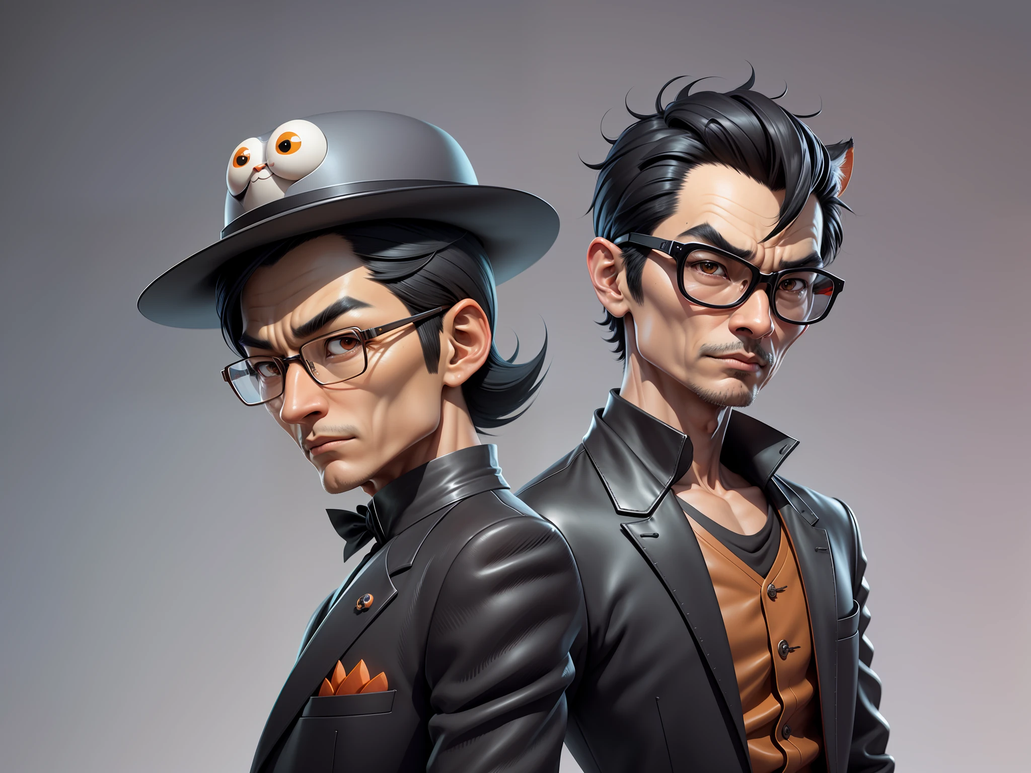Young man with oriental face in leather hat, tiger, oriental face in formal suit, short black hair, silver glasses, digital painting, 3D character design by Mark Clairedon and Pixar and Hayao Miyazaki and Akira Toriyama, the illustration is a high-definition illustration in 4K resolution with very detailed facial features and cartoon-style visuals.