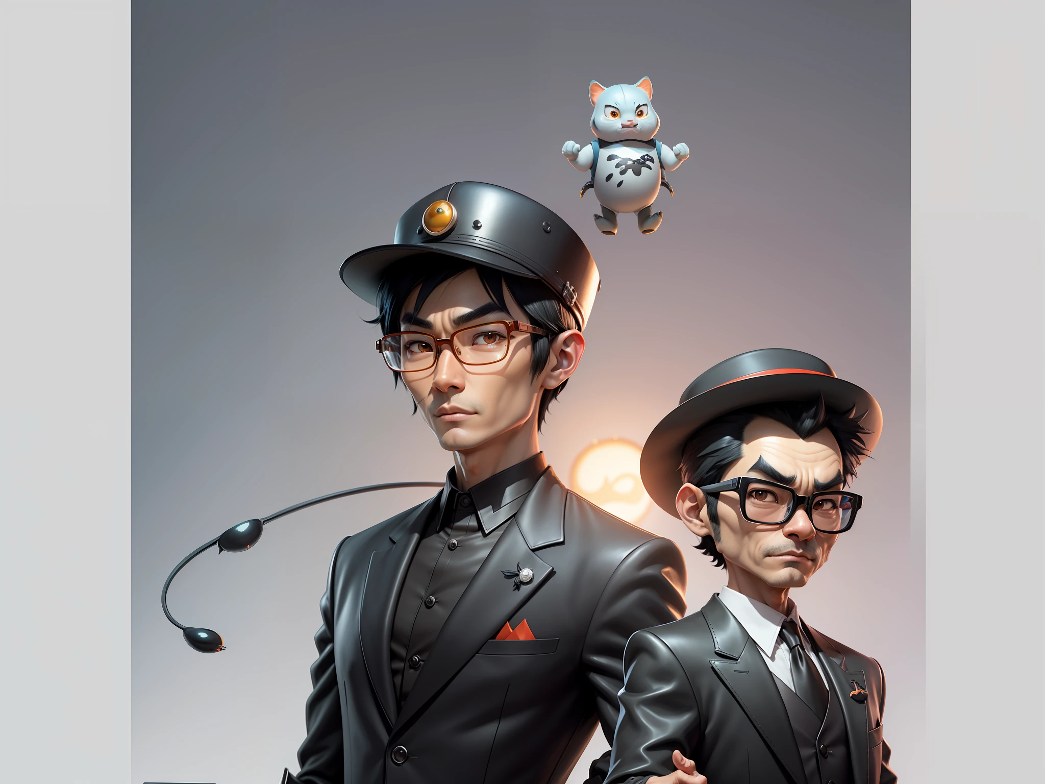 Young man with oriental face in leather hat, tiger, oriental face in formal suit, short black hair, silver glasses, digital painting, 3D character design by Mark Clairedon and Pixar and Hayao Miyazaki and Akira Toriyama, the illustration is a high-definition illustration in 4K resolution with very detailed facial features and cartoon-style visuals.