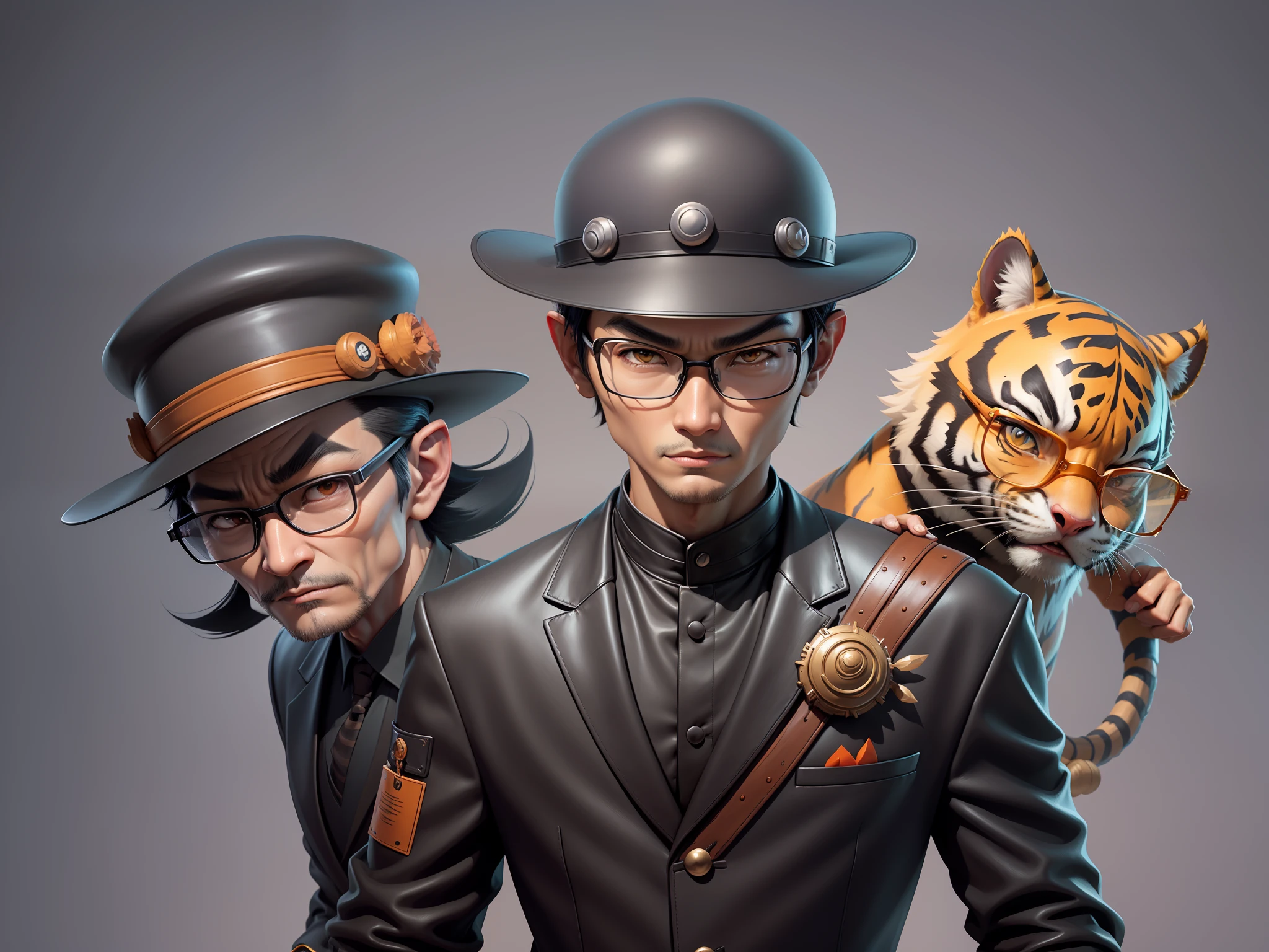 Young man with oriental face in leather hat, tiger, oriental face in formal suit, short black hair, silver glasses, digital painting, 3D character design by Mark Clairedon and Pixar and Hayao Miyazaki and Akira Toriyama, the illustration is a high-definition illustration in 4K resolution with very detailed facial features and cartoon-style visuals.