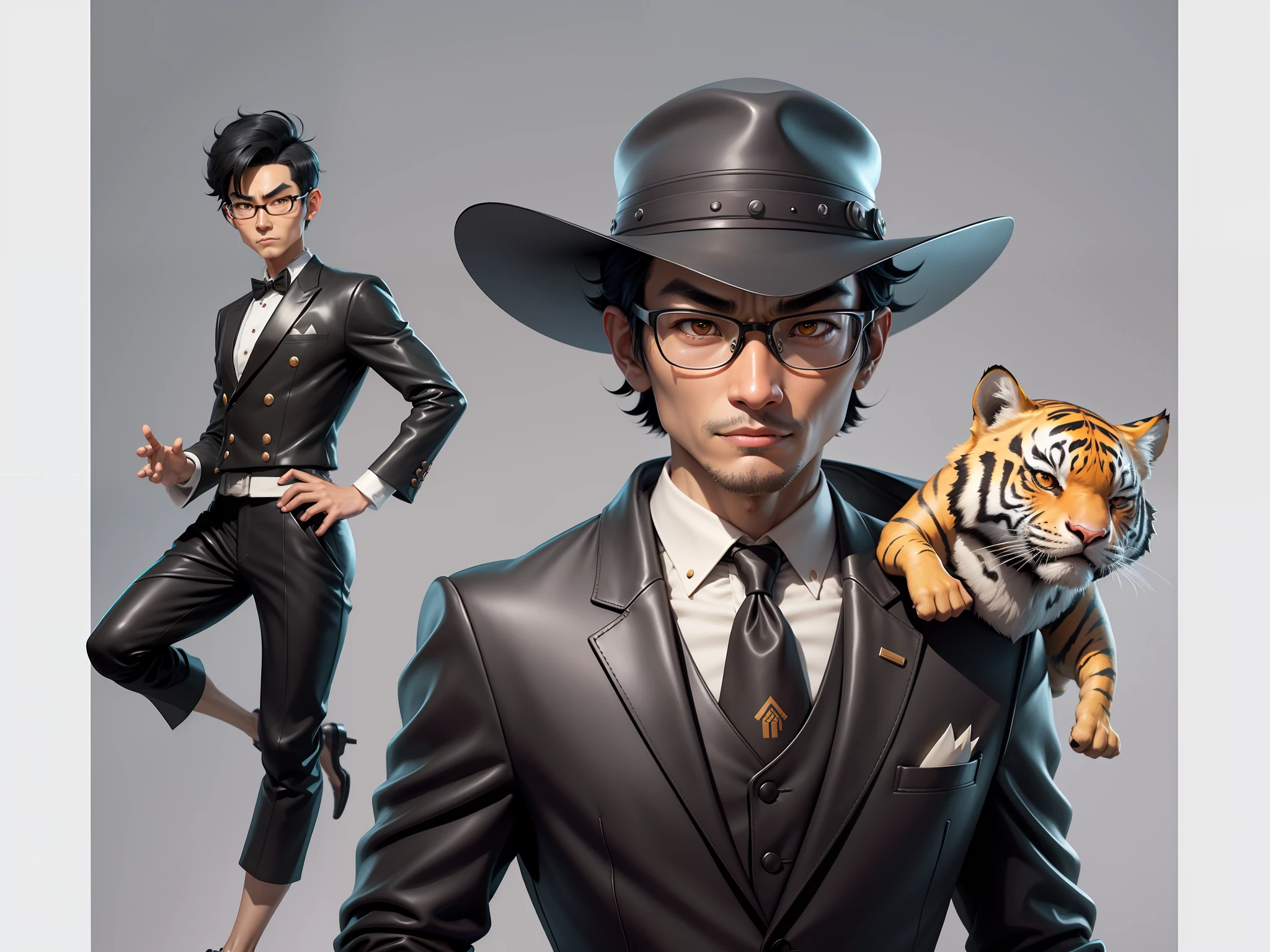 Young man with oriental face in leather hat, tiger, oriental face in formal suit, short black hair, silver glasses, digital painting, 3D character design by Mark Clairedon and Pixar and Hayao Miyazaki and Akira Toriyama, the illustration is a high-definition illustration in 4K resolution with very detailed facial features and cartoon-style visuals.