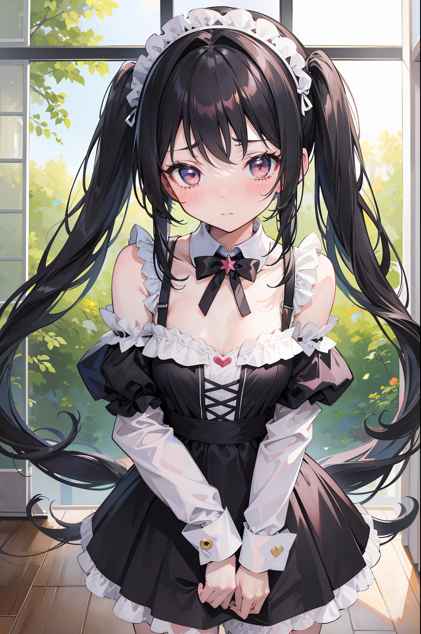 one girl, cute, innocent, pure, loli, long hair, twin tail, black hair, flat chest, maid cosplay, off shoulder, short skirt, shy, (blush), (embarrassed), sexy costume