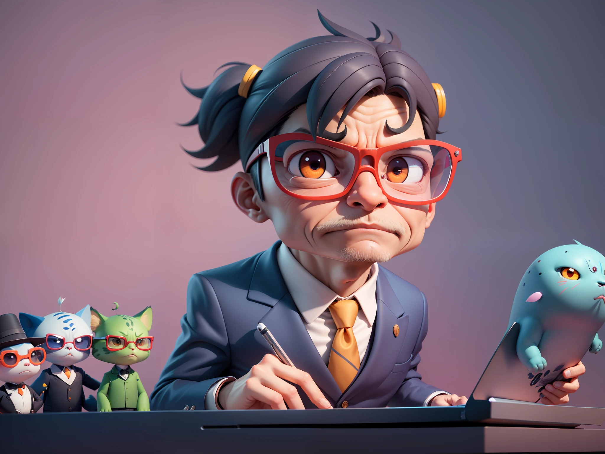 A young man in a suit, Short hair and glasses sat at his desk,holding laptop,digitial painting,tigre,3D character design by Mark Clairen and Pixar and Hayao Miyazaki and Akira Toriyama,4K HD illustration,Very detailed facial features and cartoon-style visuals。