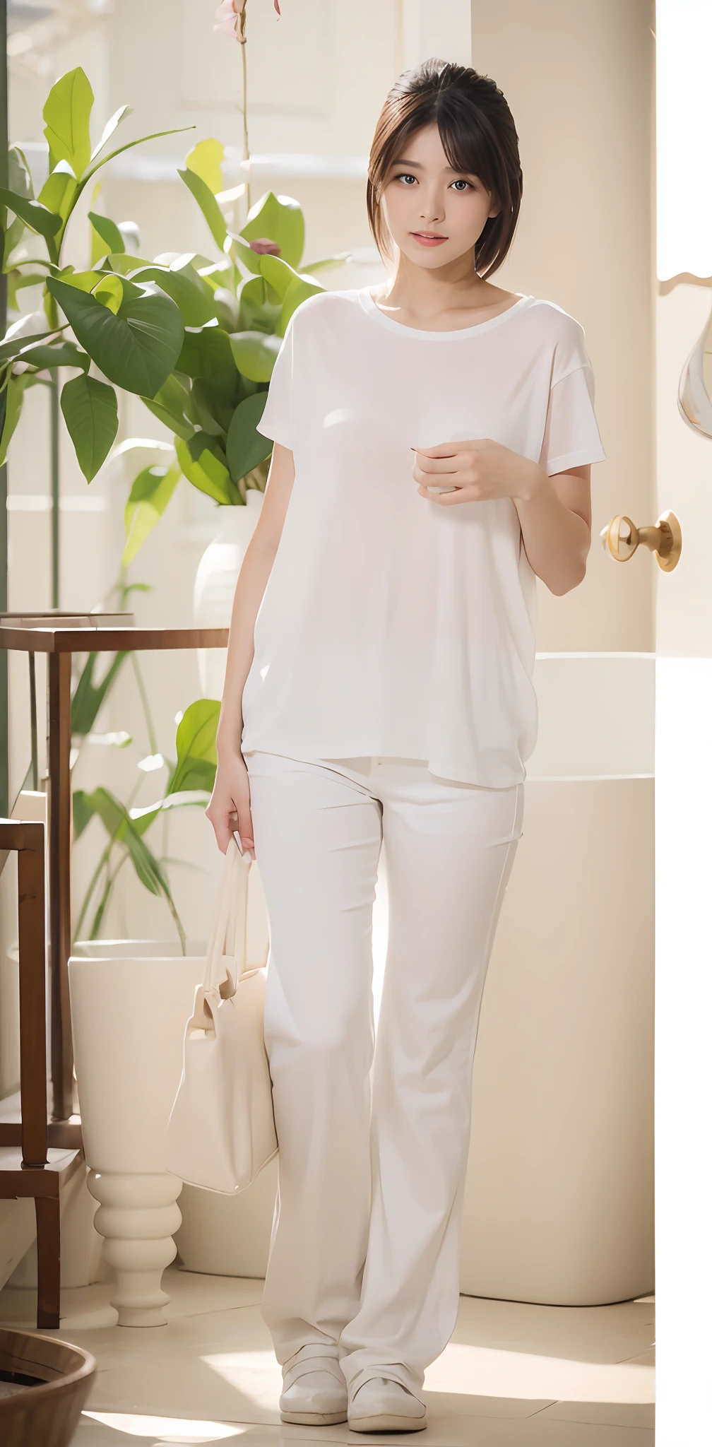 1 beautiful woman taking pictures on the grass of the villa,RAW photos,tmasterpiece,(highdetailskin:1.2),8k ultra high definition,digital SLR camera,gentlesoftlighting,high high quality,filmgrain,富士XT3,20 years old Asian woman,Wear simple clothes,T-shirt and skinny jeans,Detailed clothing details:1.3,perfect body figure,Perfect breasts and nipple bulge,The legs are straight and slender,Super detailed facial details and skin,Fair pink face and skin,The skin is pink,with light glowing,二重まぶた,Super detailed eyes,(Gloss on lips, eyeslashes, Glossy face, Best quality, Super high resolution, warm color,Wide lighting, naturalshadow), Sexy, Full body shooting: 1.8