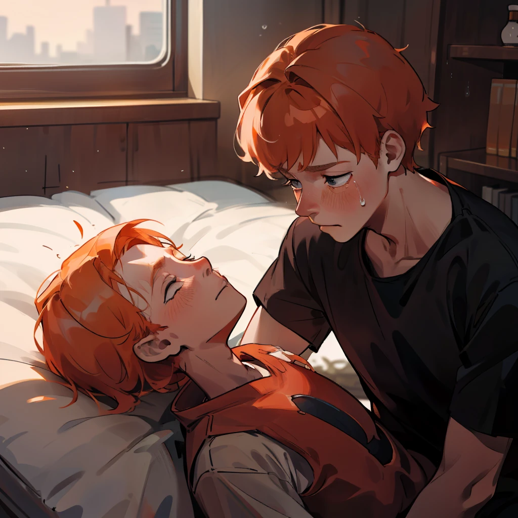 Orange-haired -yeld cr with sadness because his friend has died