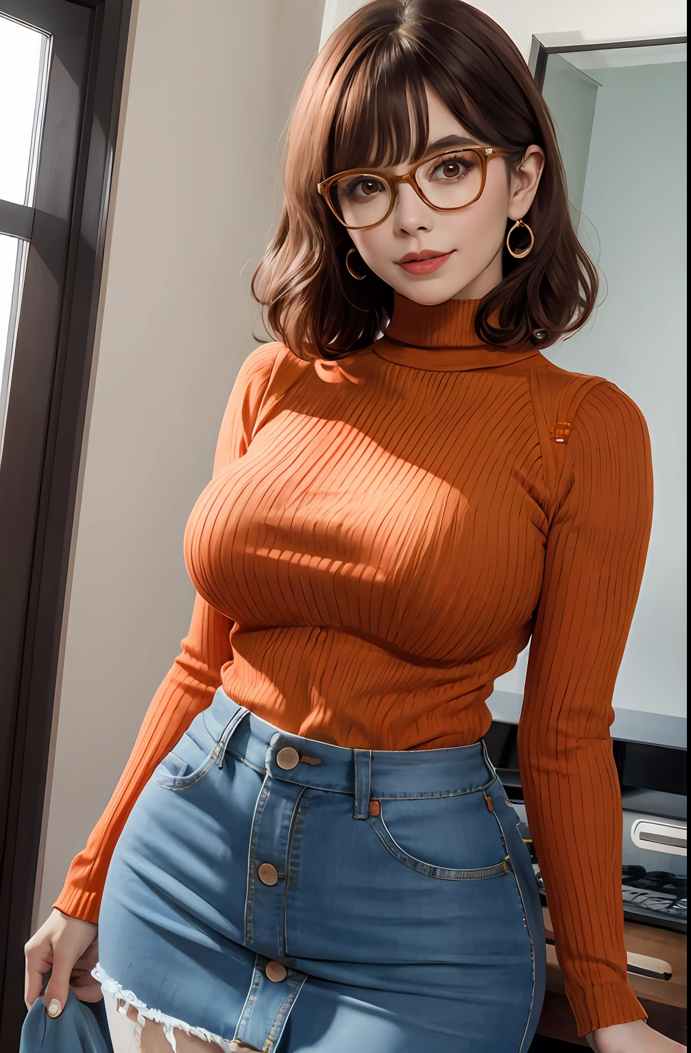 Velma Dinkley, orange knit sweater, red short skirt, big boobs, sexy body, 8k resolution, detail body,