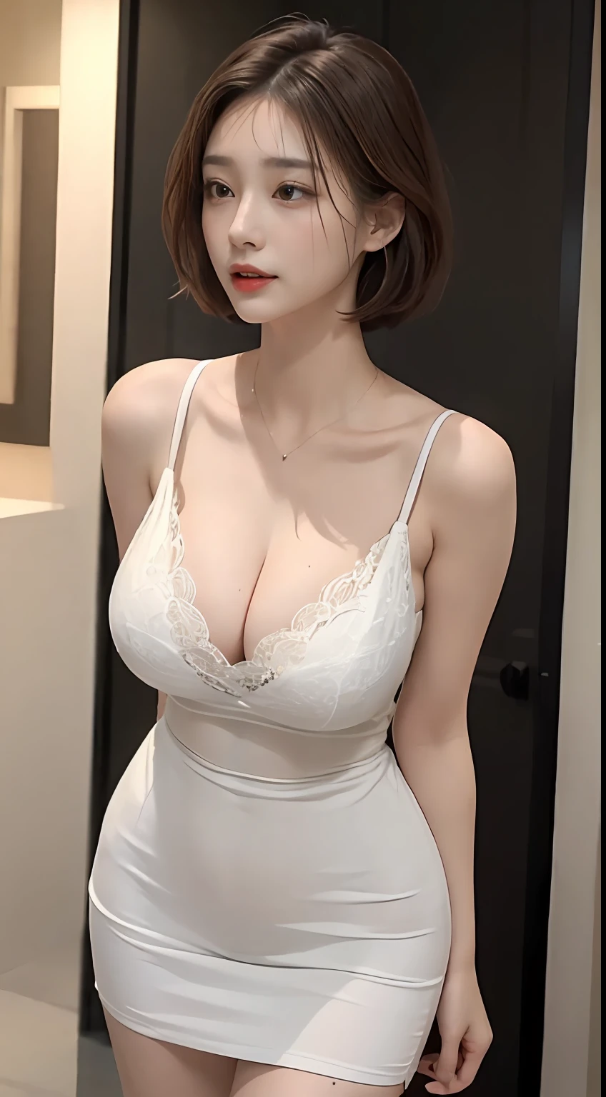 ((Best quality, 8K, Masterpiece :1.3)), 1girll, Pretty woman who emphasizes slender abs:1.3, Large breasts:1.2, Pure lust,Spice chick with camisole vest,Lace((Deep V neckline))),shift dresses,Short skirt that wraps around the hips,Superskirt,Slip dress,Sexy transparent clothes,tight fit clothes,Sexy lace runs through the chest,nabel,cleavage,Semi-breasted bait,Human posture, swimmingpool, Super detailed face, Highly detailed lips, Detailed eyes, 二重まぶた,detailed realistic hands,detailed realistic fingers