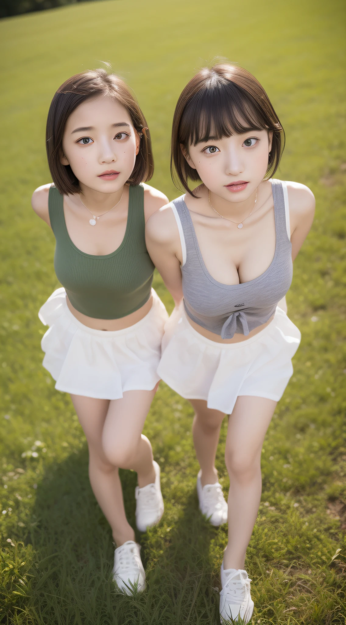 in flower field、(Twin girls taking a walk:1.3)、(Close-up of bust:1.3)、(Looking up from your feet:1.3)、Faces are similar、(Wearing a bright tank top:1.3)、(Wearing a bright miniskirt:1.3)、(masterpiece、top-quality) 、Soft lighting、dynamic ungle、absolutely outstanding image, very extremely beautiful、masterpiece, top-quality,Photos, kawaii、(Colossal tits:1.3)、20 year old girl、The skin is reddened、Girl with realistic young idol Japan、Young cute gravure idol、Young Sensual Gravure Idol、Young gravure idols、model in Japan、8k