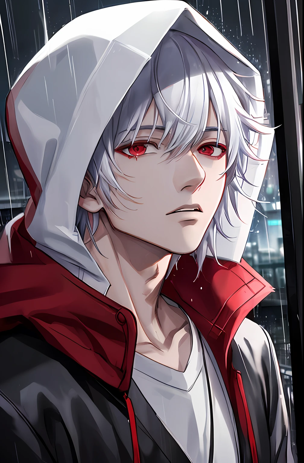 kk, best quality, more details, masterpiece, 1boy, kaneki ken, portrait, male focus, red eyes, solo, bangs, looking at viewer, hood, short hair, rain, tokyo tokyo \(city\), hood up, nail polish, white hair, luxurious, 8k, detailed, ray tracing, depth of field, cinematic lighting,