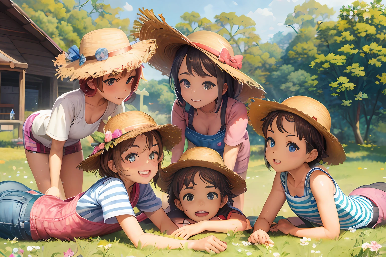 Anime character lying on grass wearing hat, artwork in the style of guweiz, official artwork, guweiz on pixiv artstation, official anime artwork, guweiz on artstation pixiv, kawacy, Detailed Digital Anime Art, digital anime illustration, high detailed official artwork, Official art, Cute art style, guweiz