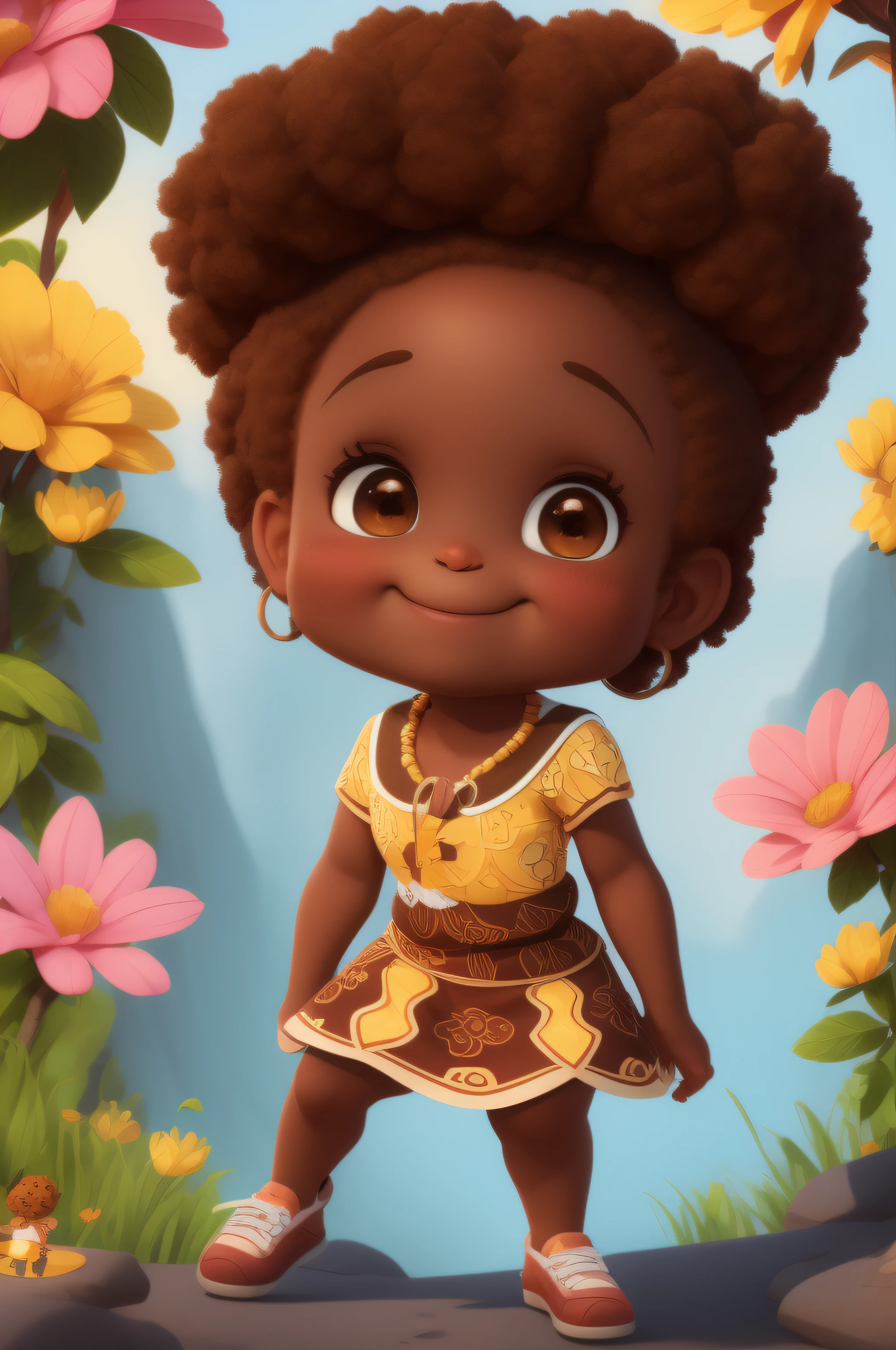 Chibi africana pele marrom:4, coffee color:2 queimado pelo sol, feliz de 15 anos pele preta:1 afro: 1.25 Estilo Pixar: 1.25 afro: 2.40 (((sozinho))) cabelos cacheados: 2.3, (corpo inteiro: 2.32) vestindo vestido floral sapato preto, dark ilumination, Hair messed up by the wind, desenho animado segurando um cup cake no parque, folhas, arvores, arte digital detalhada bonito, painting digital adorable, Cartoon style illustration, stylized digital illustration, stunning digital illustration, bela arte digital, arte de pintura digital dos desenhos animados, pintura digital dos desenhos animados 3D, Beautiful digital illustration, Arte infantil em Artstation, detailed digital illustration, arte digital detalhada, digital illustation, exquisite digital illustration, 8k, Advanced Digital Chibi