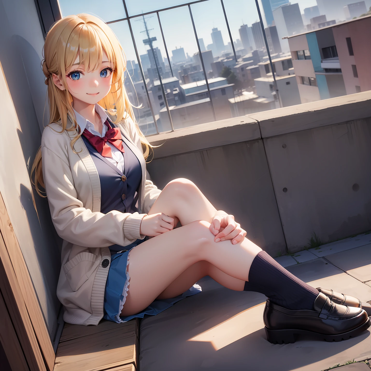 校服　cardigan　blazers　Loose Socks　１５Year old girl　a smile　beautiful a girl　a beauty girl　top-quality　​masterpiece　超A high resolution　Long　Blue-haired　a blond