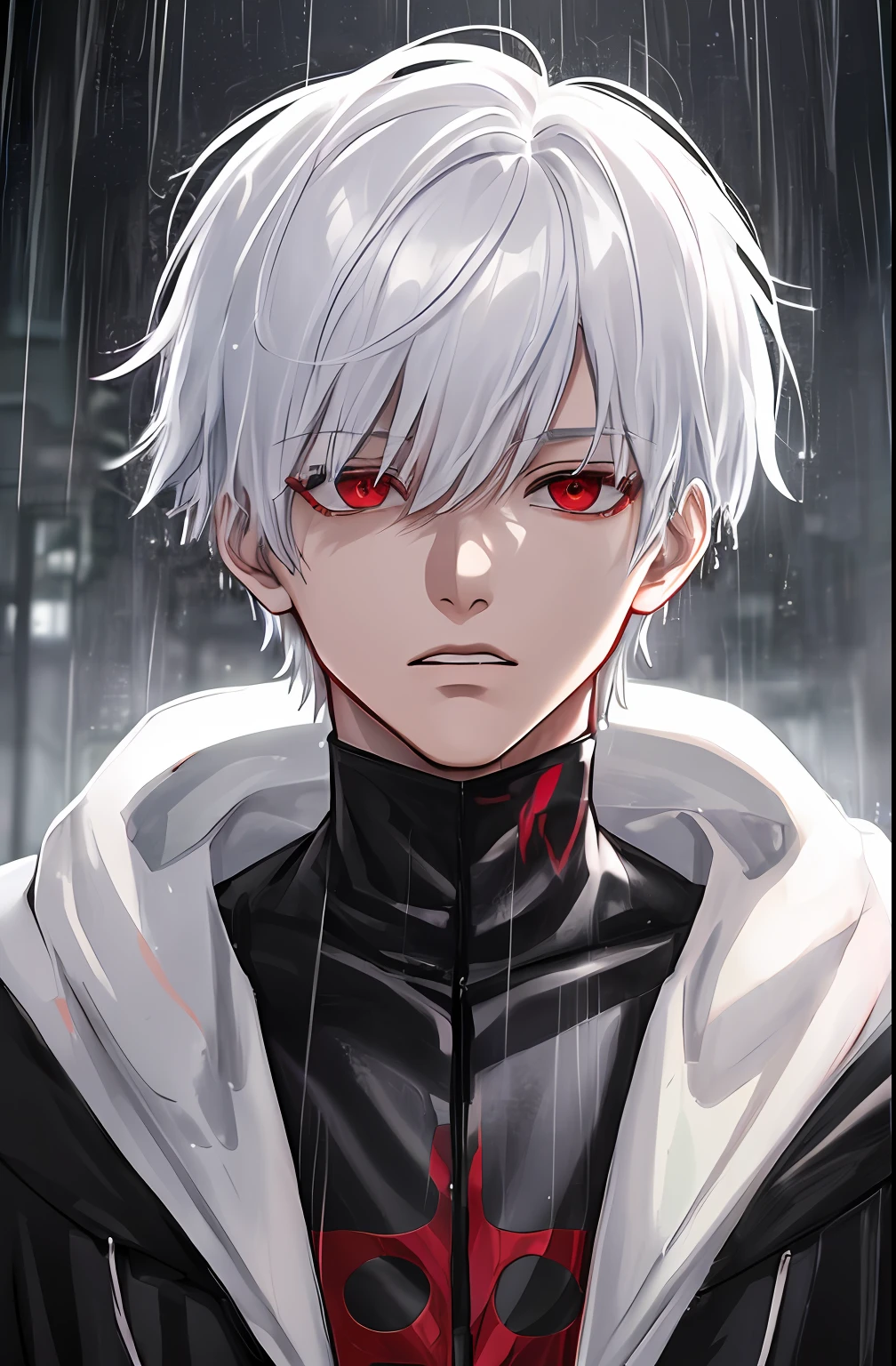 kk, best quality, more details, masterpiece, 1boy, kaneki ken, portrait, male focus, red eyes, solo, bangs, looking at viewer, hood, short hair, rain, tokyo tokyo \(city\), hood up, nail polish, white hair, luxurious, 8k, detailed, ray tracing, depth of field, cinematic lighting,