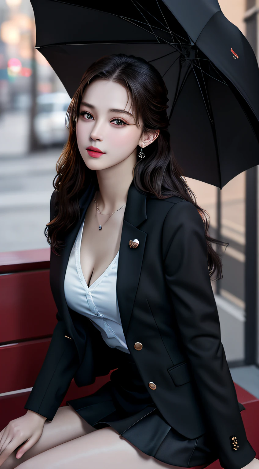 best quality, masterpiece, 1girl, Beautiful face, (photo realistic:1.3), rim lighting, (high detailed skin:1.2), 8k uhd, dslr, high quality, high resolution, 4k, 8k, Bokeh, absurdres, best ratio four finger and one thumb, (realistic:1.3), cute 1girl, wearing black formal blazer, medium breasts, short skirt,