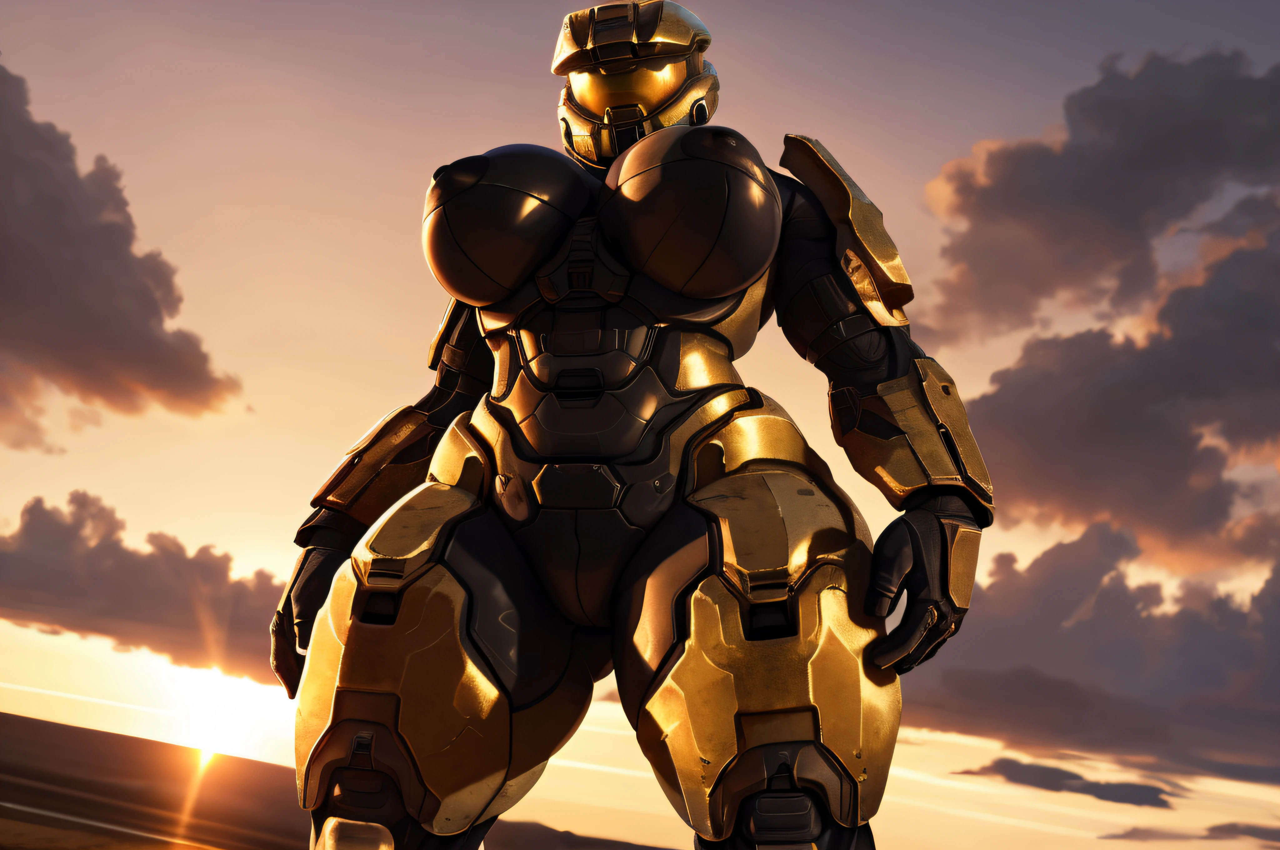 spartan halo, ((gold)), big breasts, wide hips, high res, high resolution, thick thighs, realistic, raw photo, thick thighs, body suit, standing pose, nipple outline, sunset, beautiful lighting, low angle, full body, wallpaper, 4k, 8k, background, highly detailed