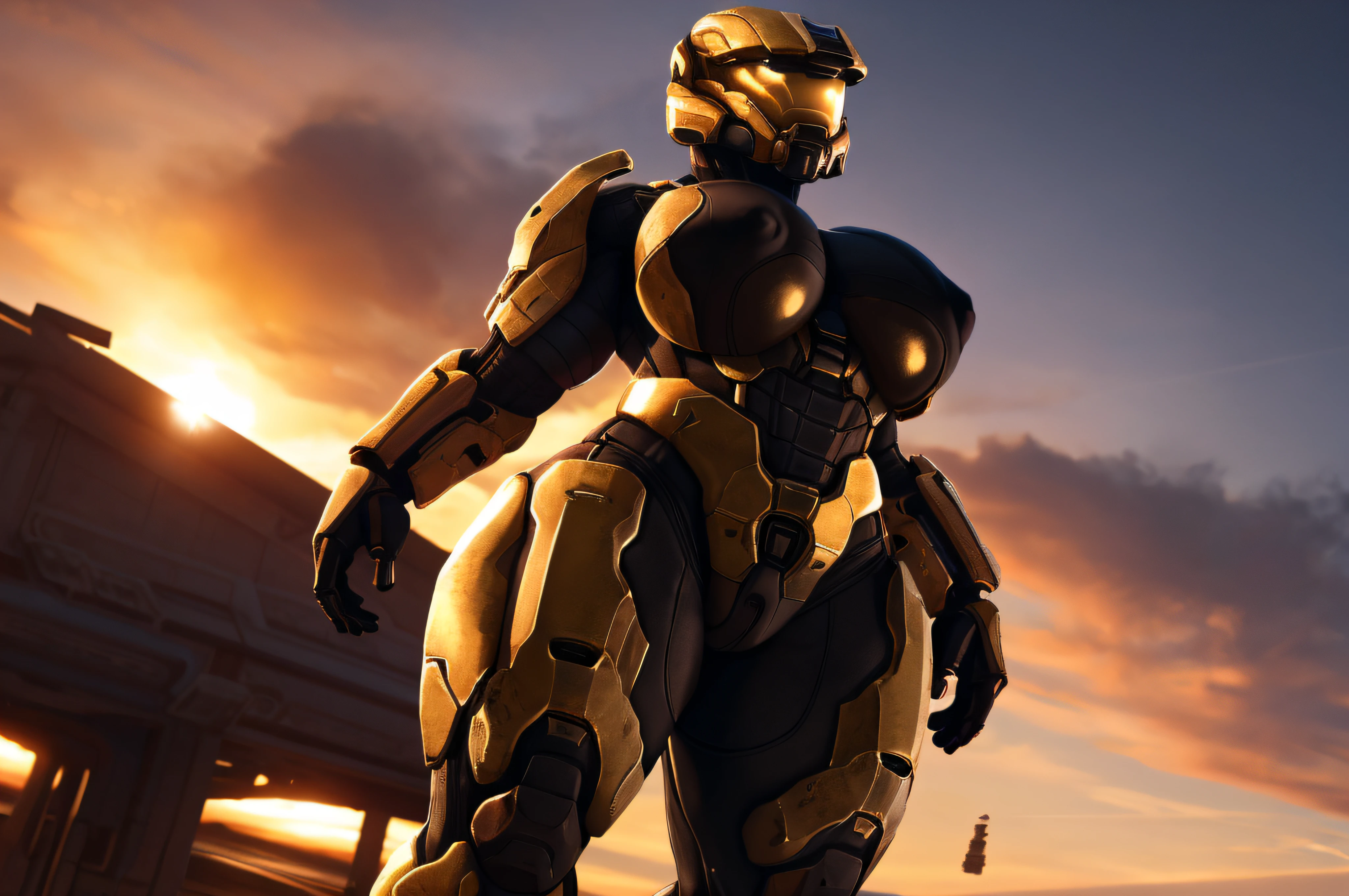 spartan halo, ((gold)), big breasts, wide hips, high res, high resolution, thick thighs, realistic, raw photo, thick thighs, body suit, standing pose, nipple outline, sunset, beautiful lighting, low angle, full body, wallpaper, 4k, 8k, background, highly detailed