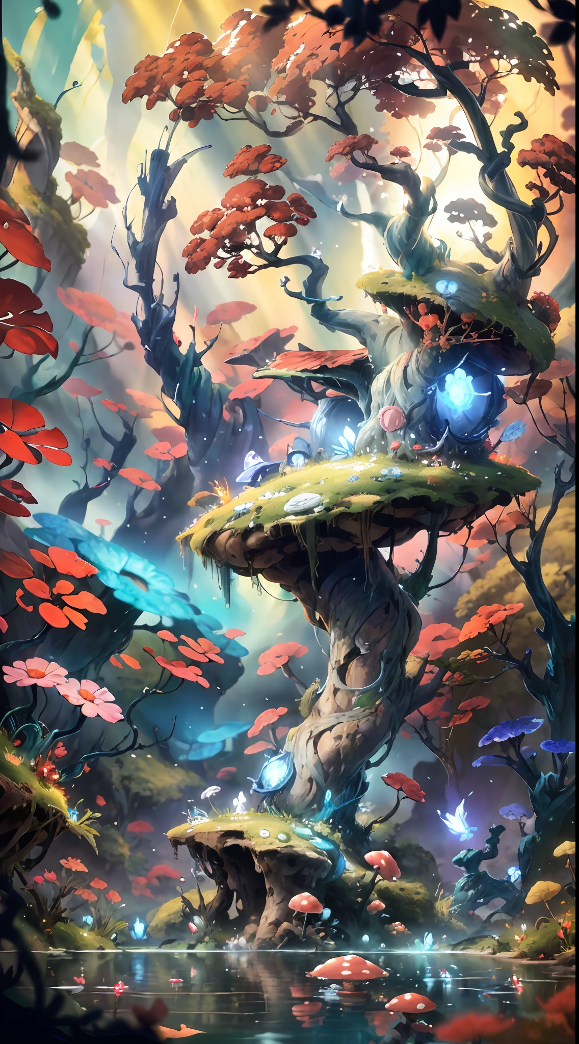 by Pino Daeni, by Ruan Jia, by Alayna Lemmer, by Carlo Galli Bibiena, spiritual tree, twilight ray, golden light, starry, forest with water and rock and bright mushroom, (Ori and the Blind Forest), (Ori and the Will of the Wisps), 2D game, digital art, realistic proportions, sharp focus, (HDR), (8k), (gigapixel), ((masterpiece))