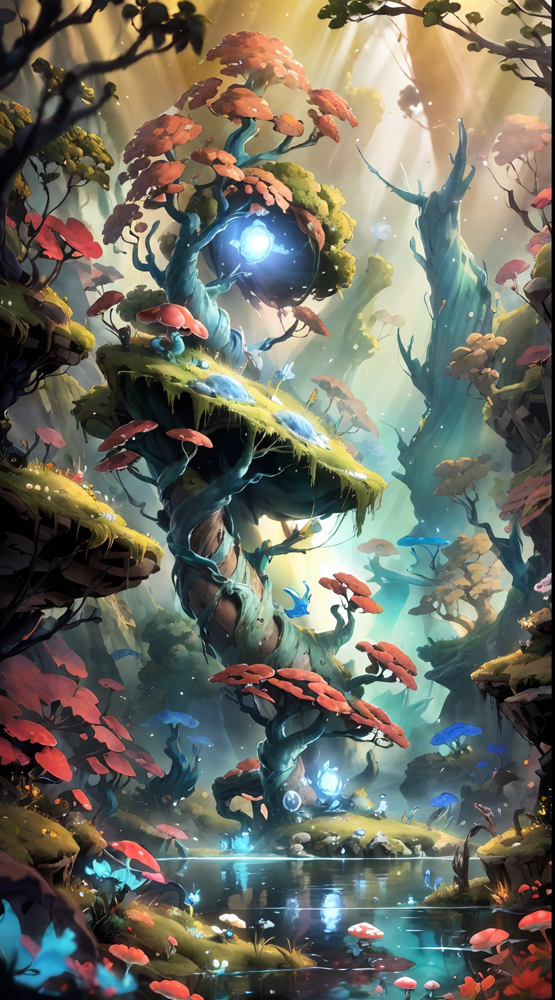 by Pino Daeni, by Ruan Jia, by Alayna Lemmer, by Carlo Galli Bibiena, spiritual tree, twilight ray, golden light, starry, forest with water and rock and bright mushroom, (Ori and the Blind Forest), (Ori and the Will of the Wisps), 2D game, digital art, realistic proportions, sharp focus, (HDR), (8k), (gigapixel), ((masterpiece))