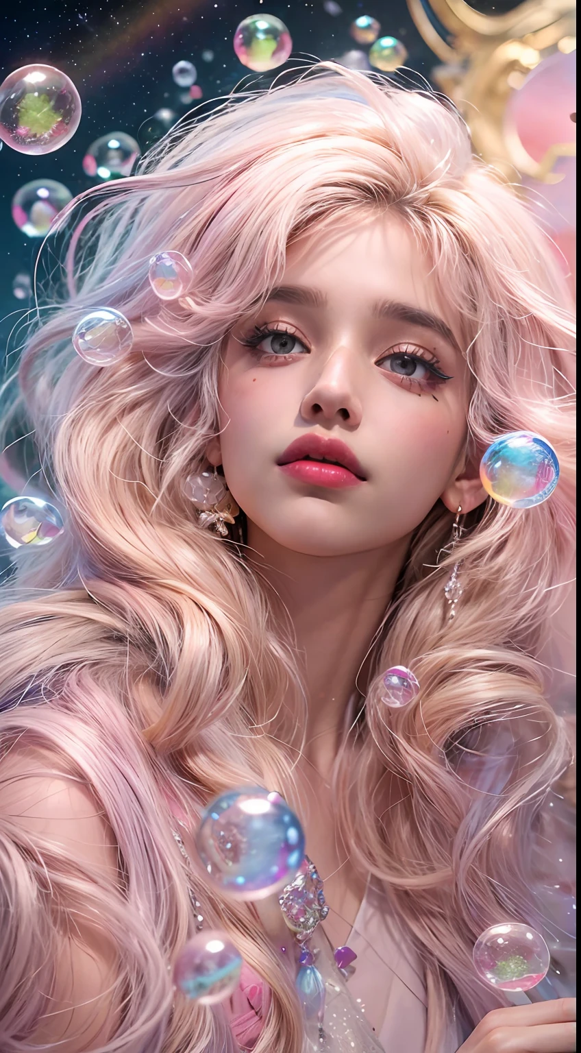 ((masterpiece)). This artwork is sweet, dreamy and ethereal, with soft pink watercolor hues and candy accents. Generate a delicate and demure fae exploring a (bubblegum world with a wide variety of pastel shades). Her sweet face is extremely detailed and realistic with elegant features and a fierce expression, and looks like ((((naomi scott)))). Include mature features and stunning, highly realistic eyes. Her eyes are important and should be realistic, highly detailed, and beautiful. In high definition and detail, include lots of details like stars, galaxies, colorful bubbles, colorful petals, and lots of energy and emotion! The stars and colorful bubblegum bubbles are important! Include fantasy details, enhanced details, iridescence, colorful glittering wind, and pollen. Pay special attention to her face and make sure it is beautifully and realistically detailed. The image should be dreamy and ethereal.8k, intricate, elegant, highly detailed, majestic, digital photography