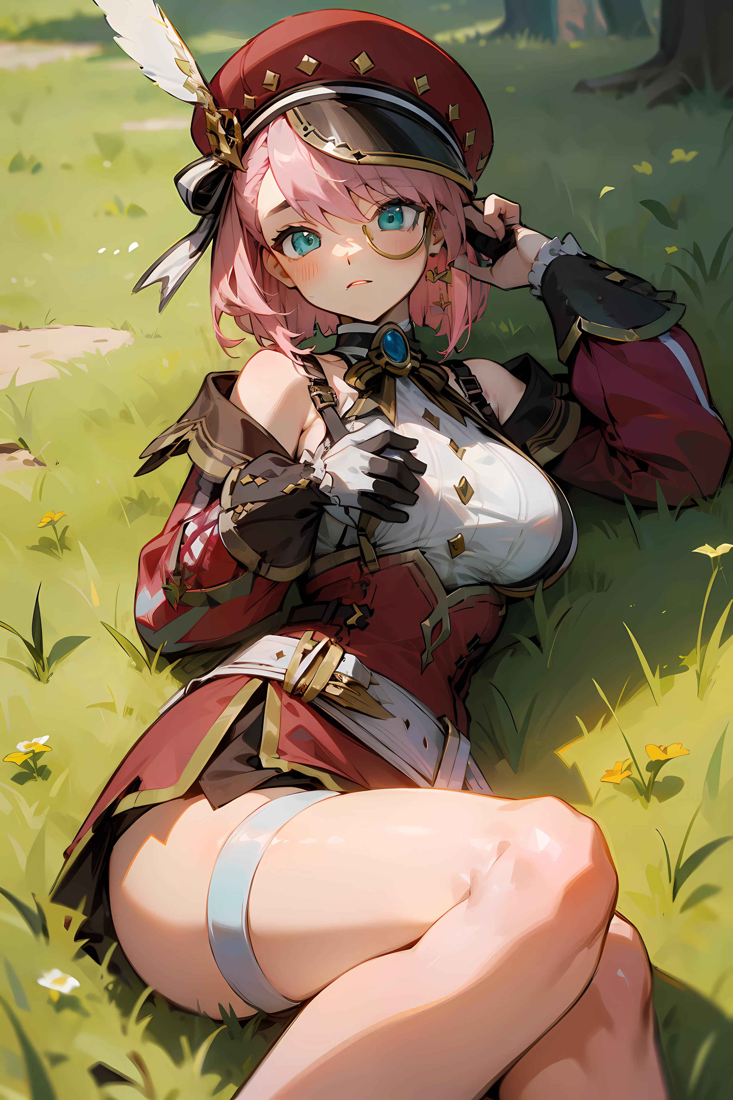 (masterpiece),best quality, expressive eyes, perfect face, 1girl,
big breast, H-cup, good breast, beautiful, gorgeous ,large breast,laying down breast facing ground,1girl,hat, pink hair, gloves, bare shoulders, belt, green eyes,thigh strap, detached sleeves, white shirt, monocle, short hair, jewelry,ribbon, hat feather,