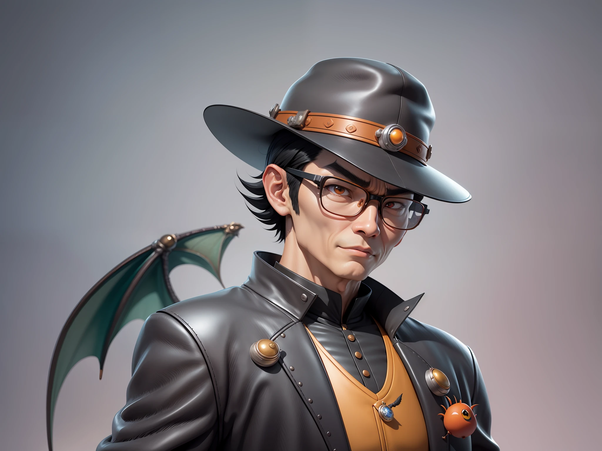 Young man with oriental face in leather hat, dragon, formal suit, short black hair, silver glasses, digital painting, 3D character design by Mark Clairedon and Pixar and Hayao Miyazaki and Akira Toriyama, the illustration is a high-definition illustration in 4K resolution with very detailed facial features and cartoon-style visuals.