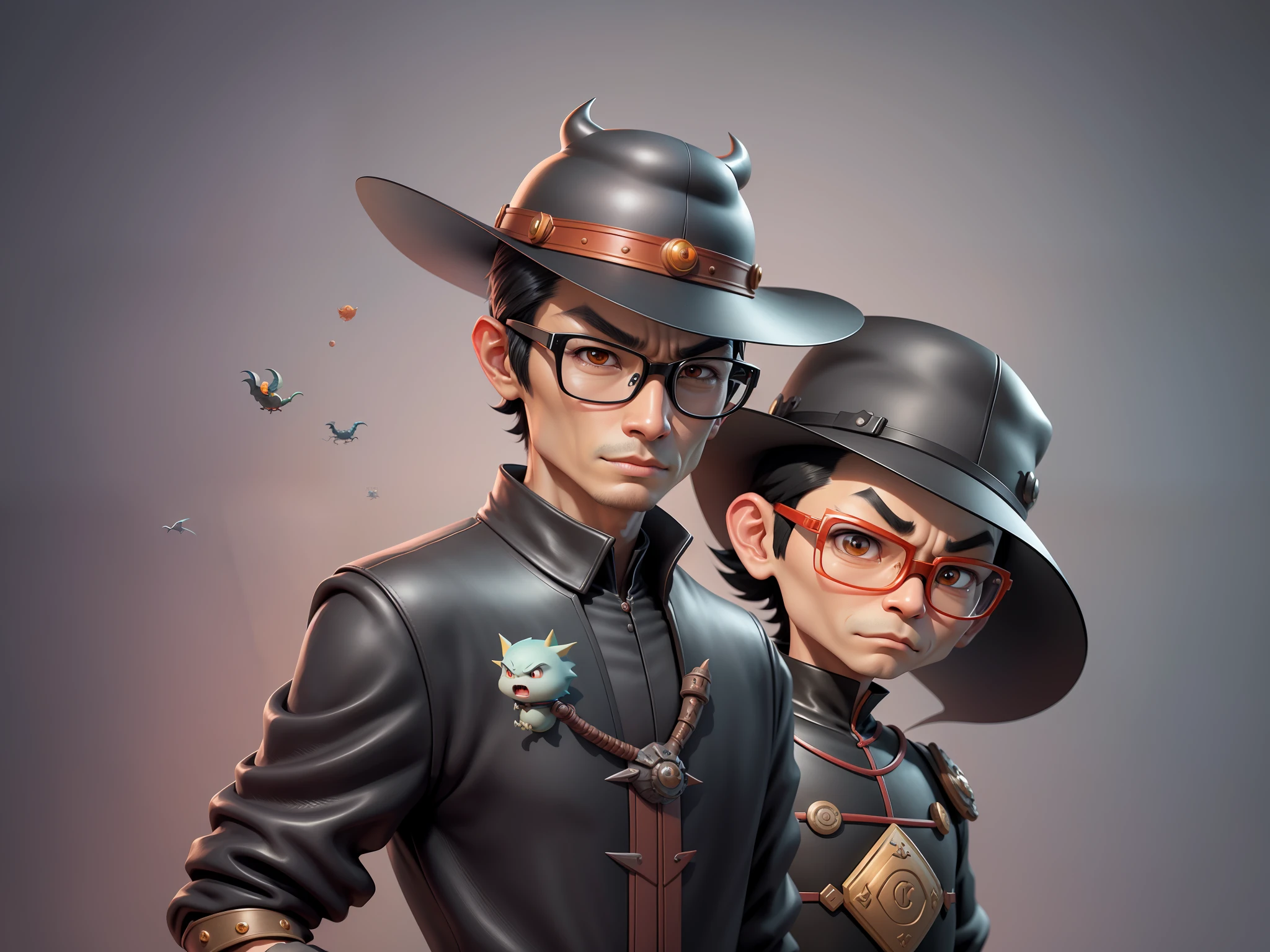 Young man with oriental face in leather hat, dragon, formal suit, short black hair, silver glasses, digital painting, 3D character design by Mark Clairedon and Pixar and Hayao Miyazaki and Akira Toriyama, the illustration is a high-definition illustration in 4K resolution with very detailed facial features and cartoon-style visuals.