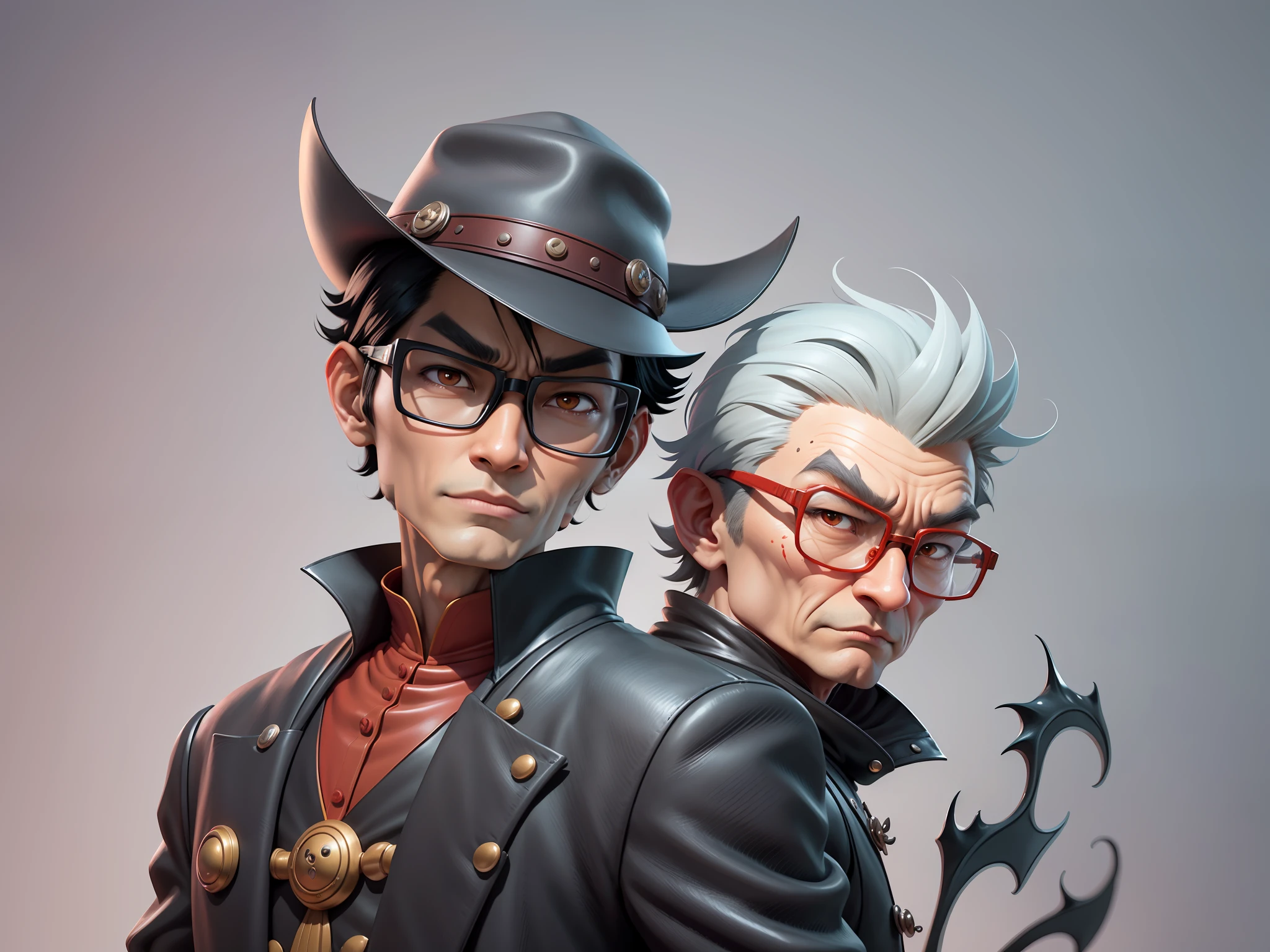 Young man with oriental face in leather hat, dragon, formal suit, short black hair, silver glasses, digital painting, 3D character design by Mark Clairedon and Pixar and Hayao Miyazaki and Akira Toriyama, the illustration is a high-definition illustration in 4K resolution with very detailed facial features and cartoon-style visuals.