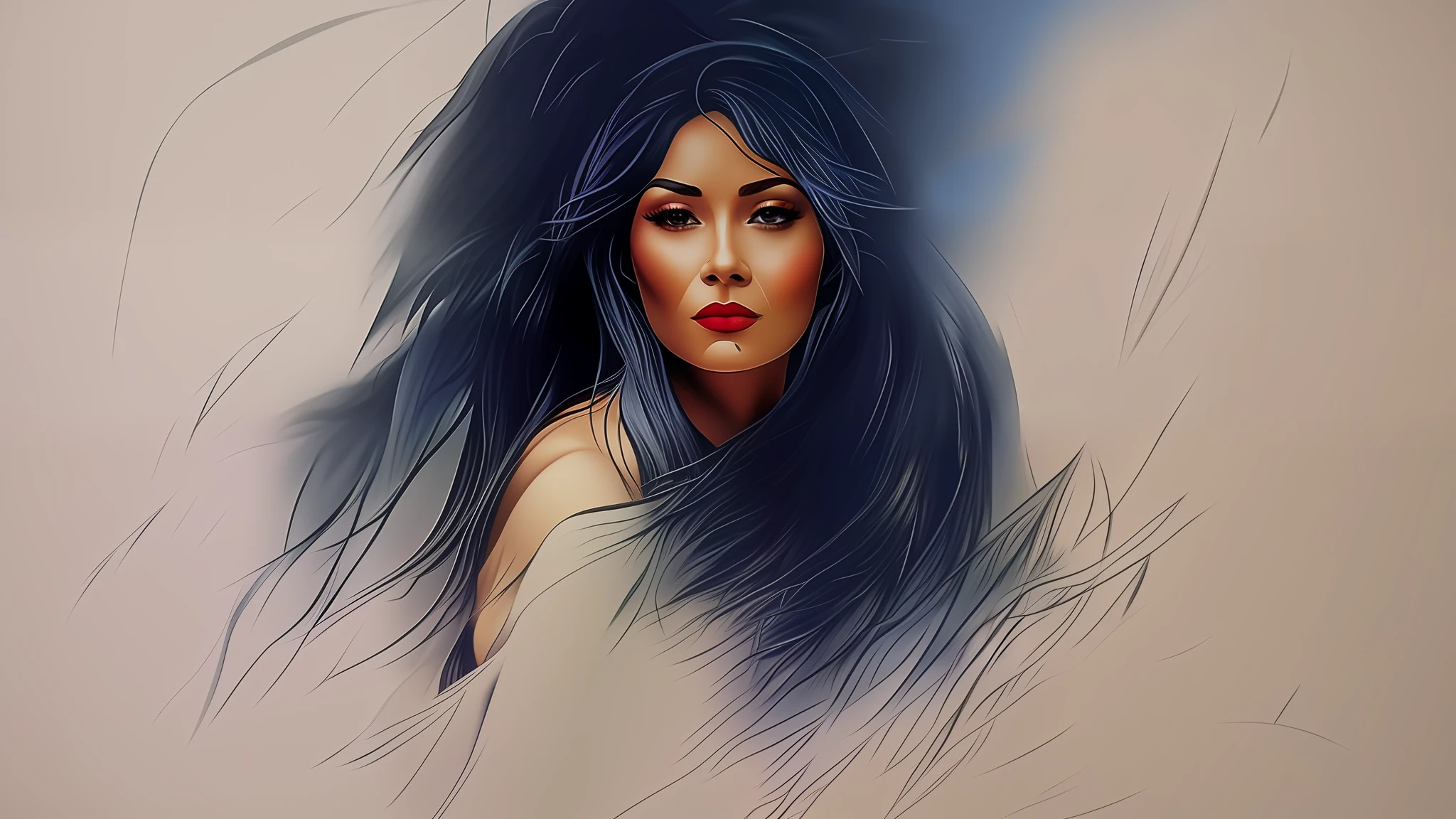 Recreate this art leaving this woman with more Western traits. Altere o cabelo para a cor castanha. Deixe o olhar dela triste e perdido. In the background leave looking like there are trees in these shadows.
