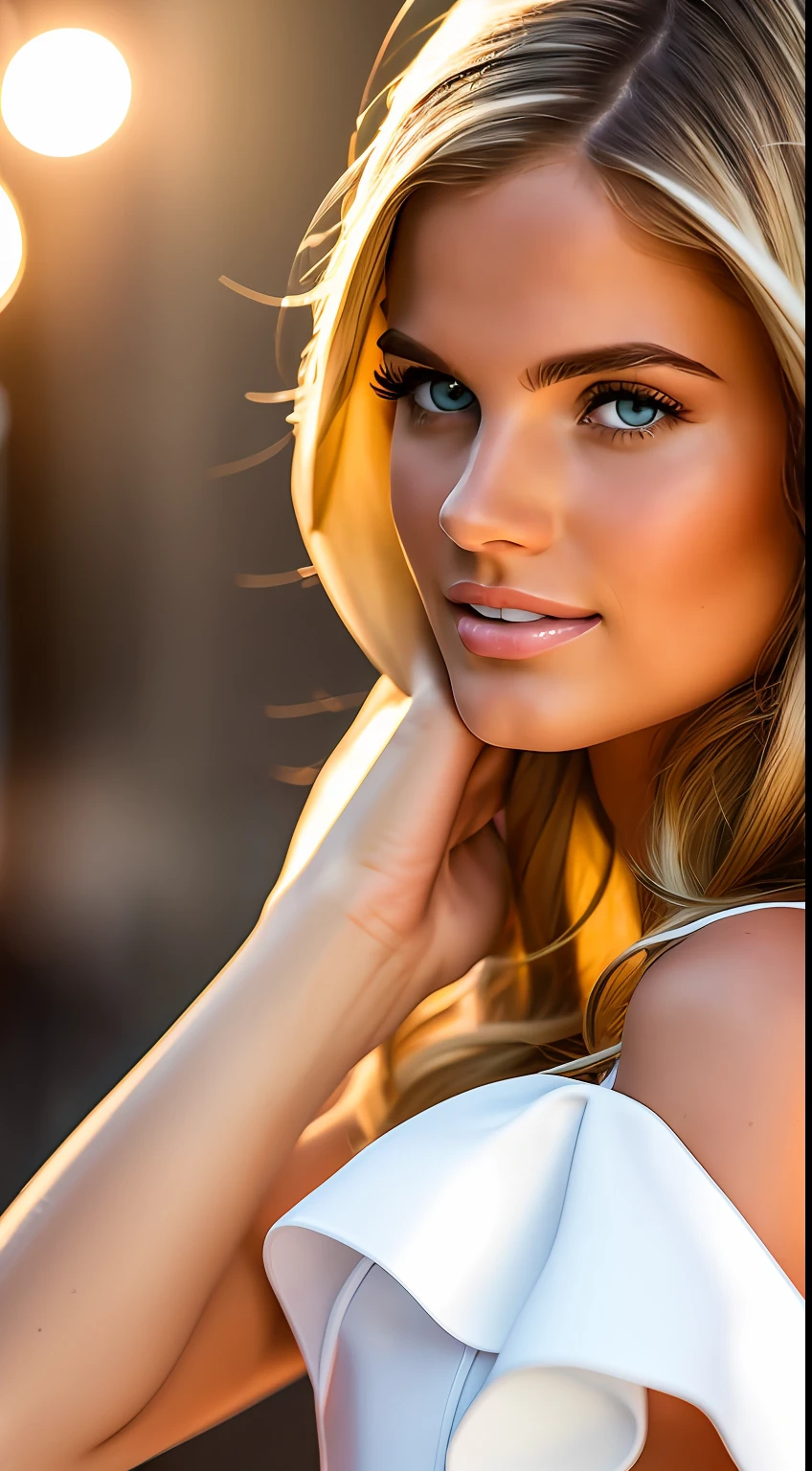 European and American women, A fashion model, wears a white dress, Glamour, paparazzi taking pictures of her, Blonde hair, Brown eyes, 8K, High quality, Masterpiece, Best quality, HD, Extremely detailed, voluminetric lighting, Photorealistic